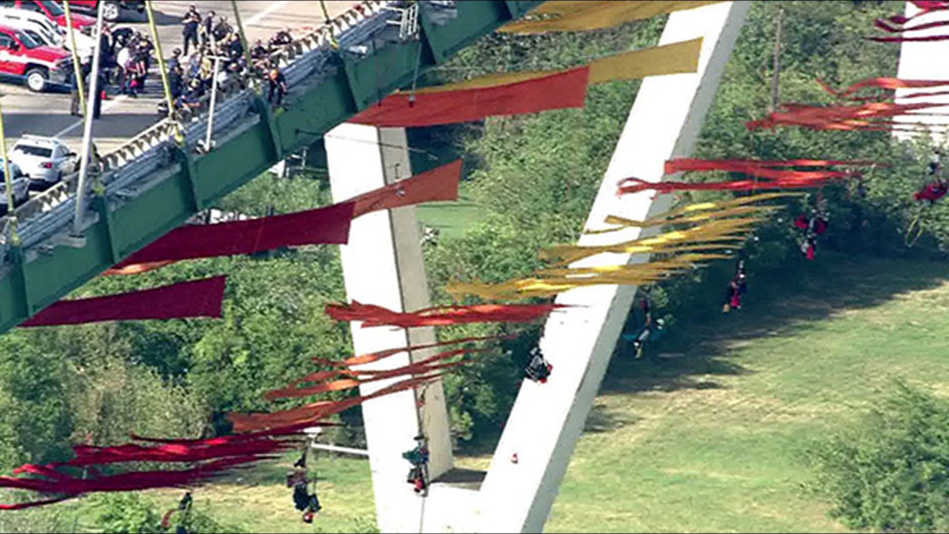 Greenpeace activists dangle from Houston bridge in protest | khou.com