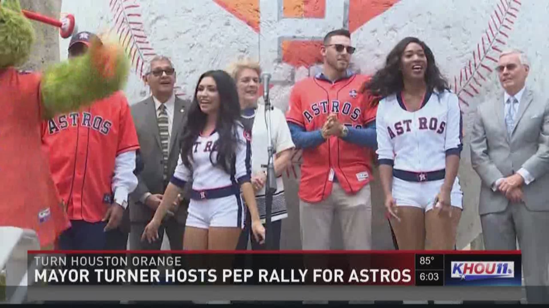 Mayor Sylvester Turner held a pep rally outside City Hall Wednesday to celebrate the Houston Astros' beginning to their postseason run.