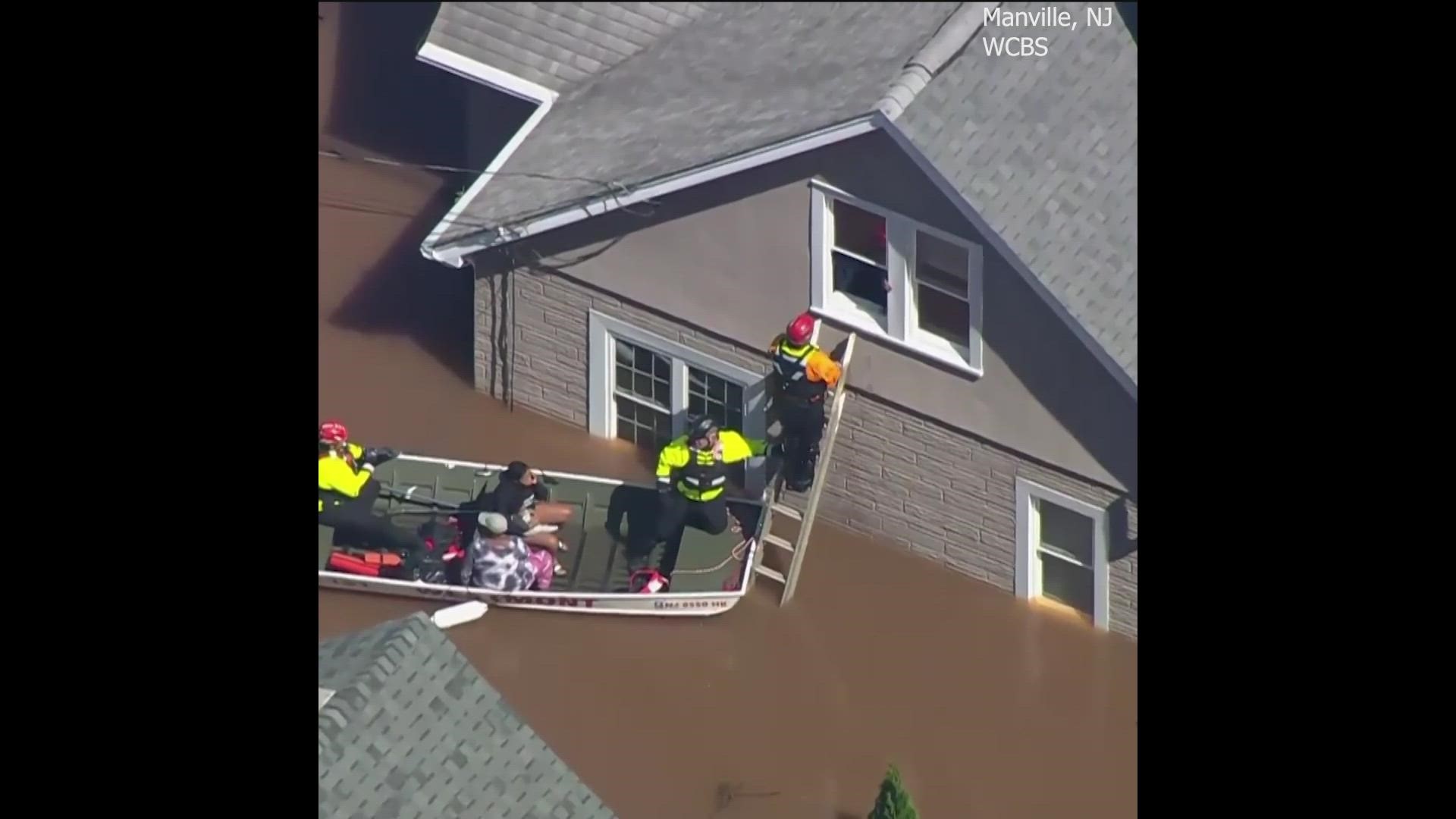 This video from WCBS-TV shows rescues and flooding in Manville, New Jersey.