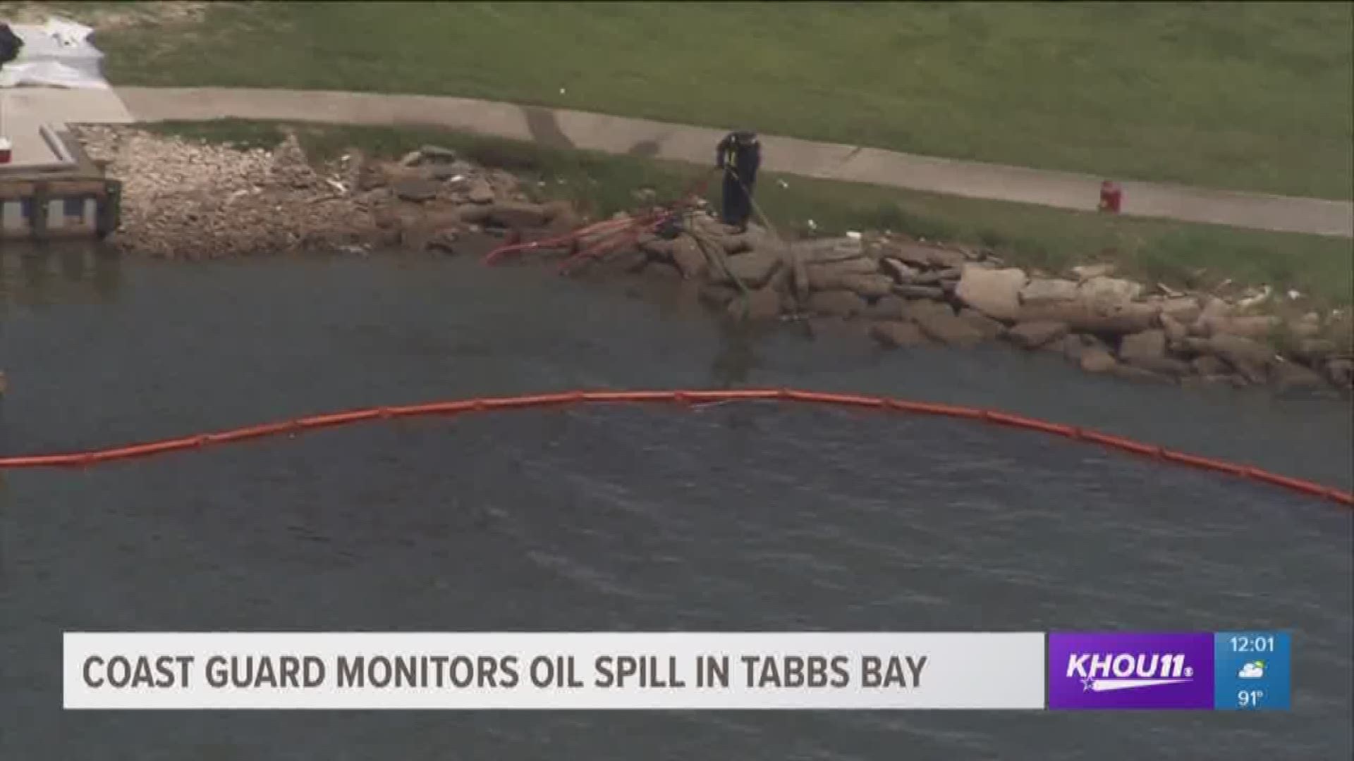 The U.S. Coast Guard is helping to clean up an oil spill in Tabbs Bay near Baytown on Wednesday.