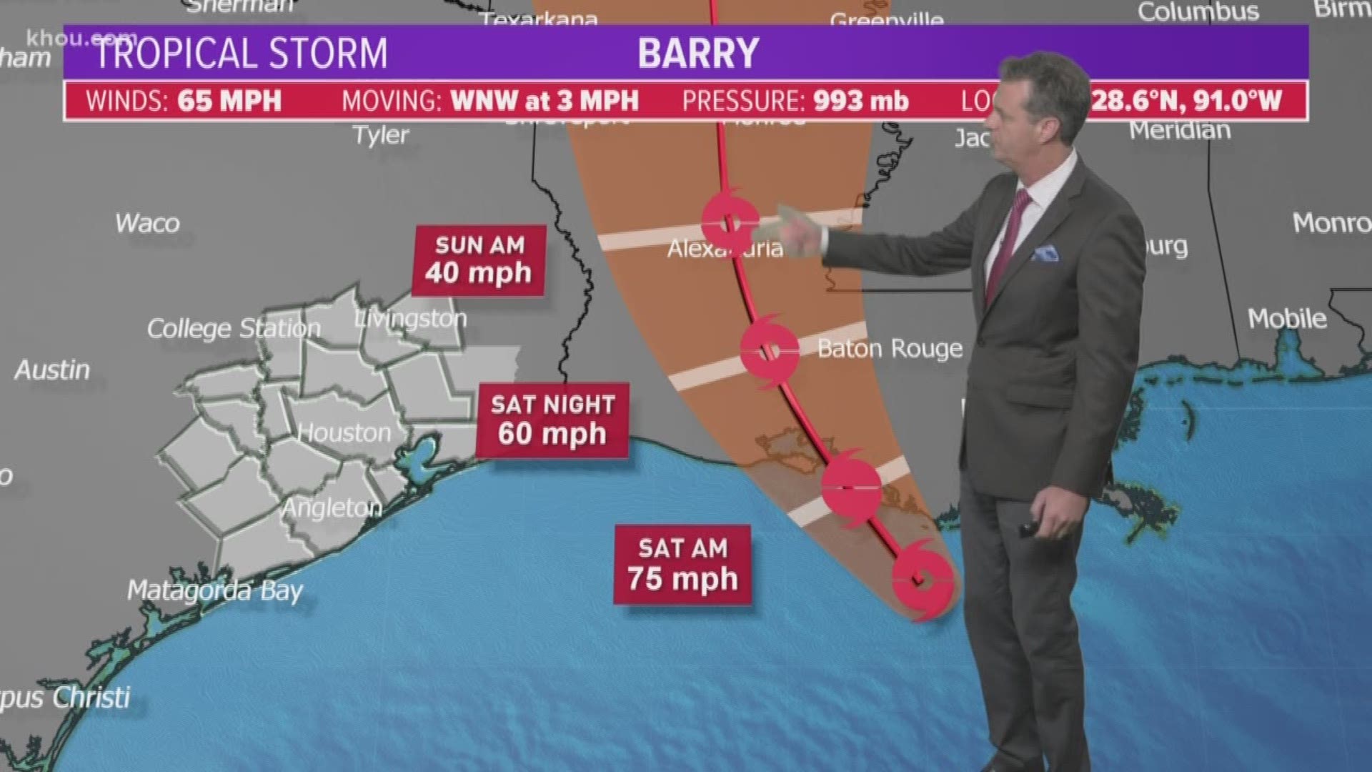 Barry is expected to make landfall early Saturday morning with winds near Category 1 hurricane force of 70-75 mph. Houston is on the dry side of the storm, but that doesn't mean we won't see scattered thunderstorms from time to time.