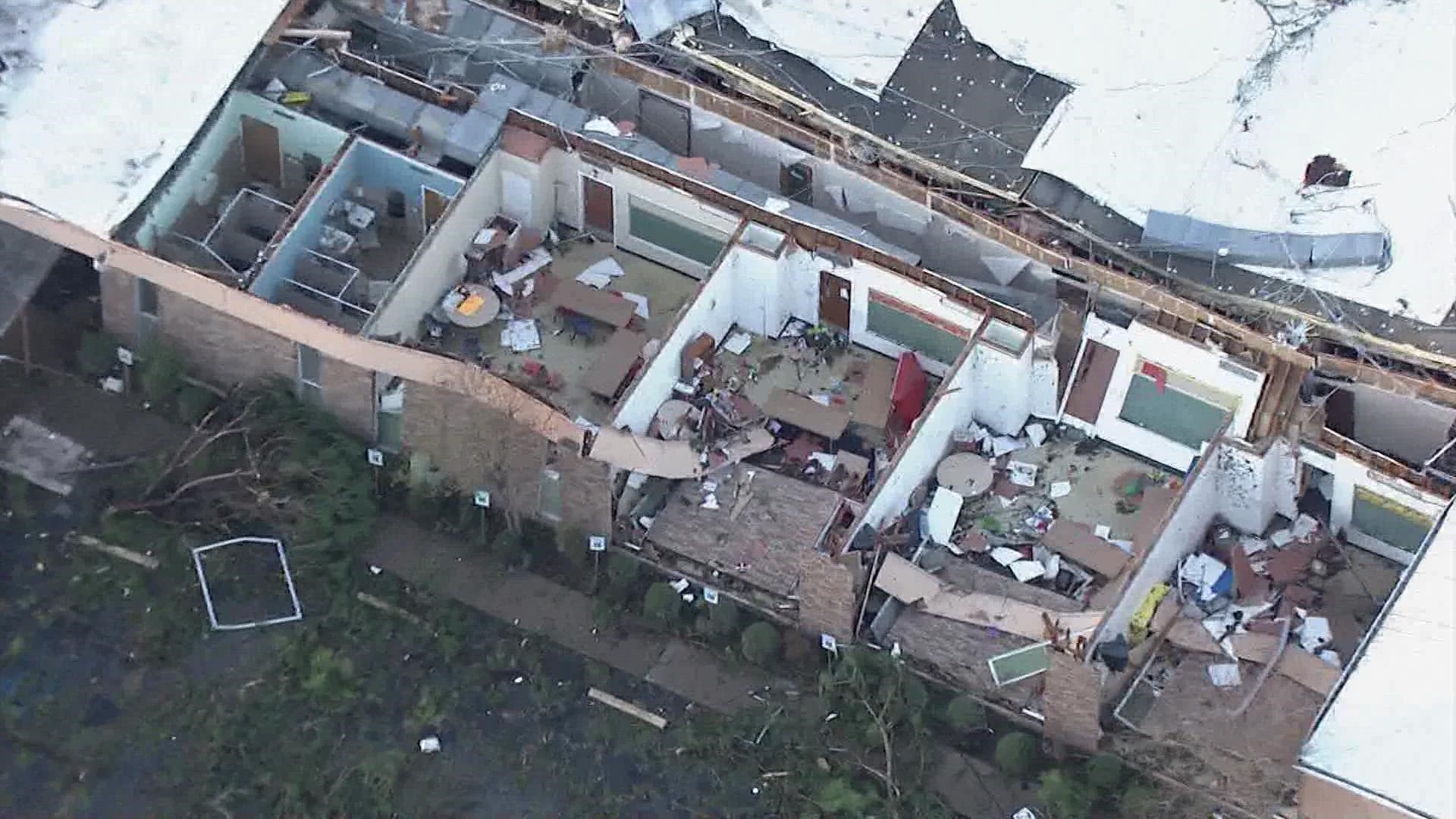 An aerial view of the destruction caused by a tornado in Deer Park, Pasadena and Baytown.