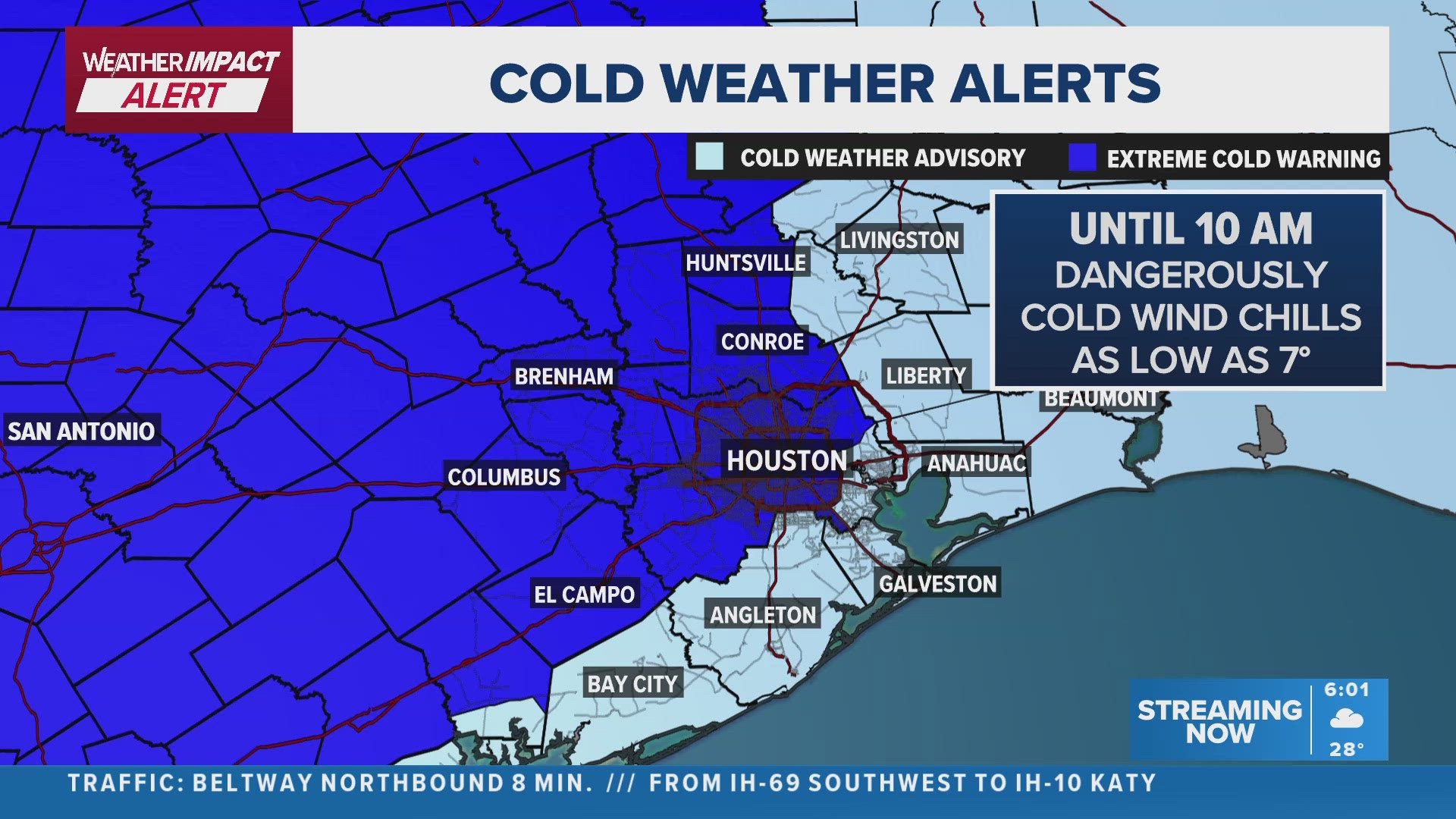The Houston area is waking up to temperatures in the 20s. We aren't expecting to get above freezing until at least 11 a.m.