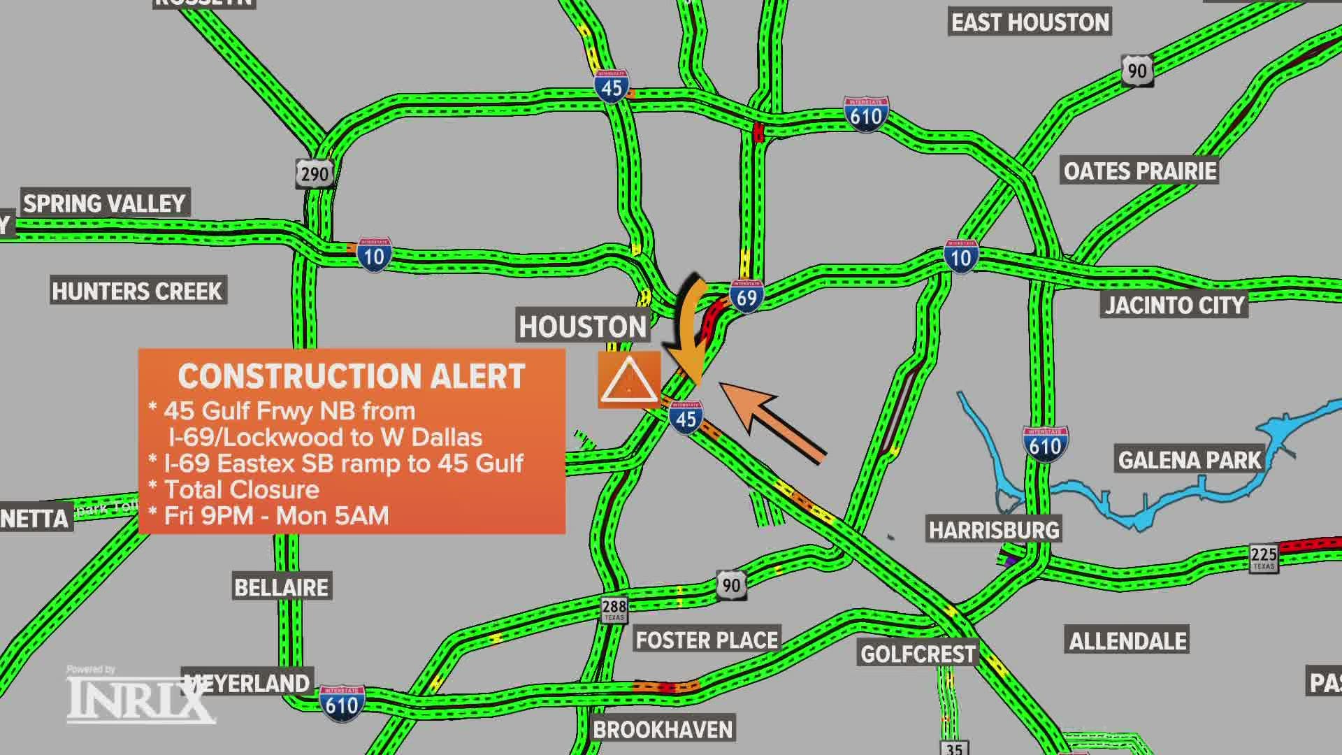 The Texas Department of Transportation will close the main lanes of the I-45 Gulf Freeway heading north for repairs in downtown Houston this weekend.