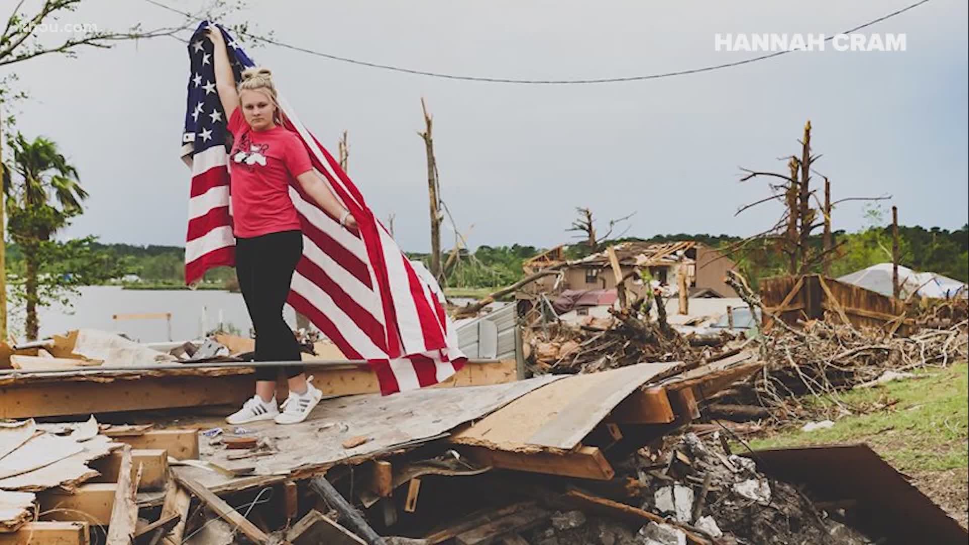 Madison Key went "all natural:" no makeup, no hairdo, taking her senior photos standing on top of the rubble of her lake house.