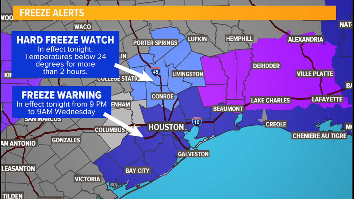 Houston weather timeline Freeze warning to go into effect