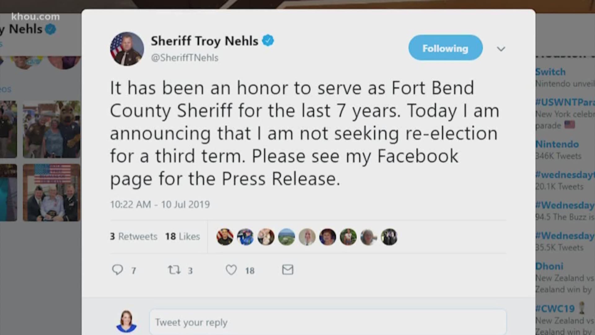 Sheriff Troy Nehls announces he is not seeking re-election.