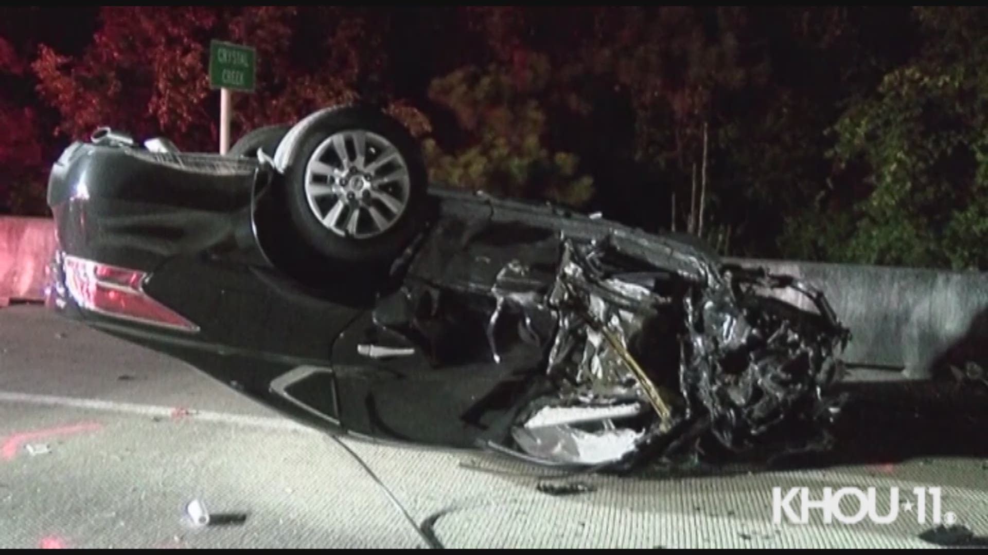A deadly head-on crash in left a Ford Mustang split in two east of The Woodlands in Montgomery County overnight.