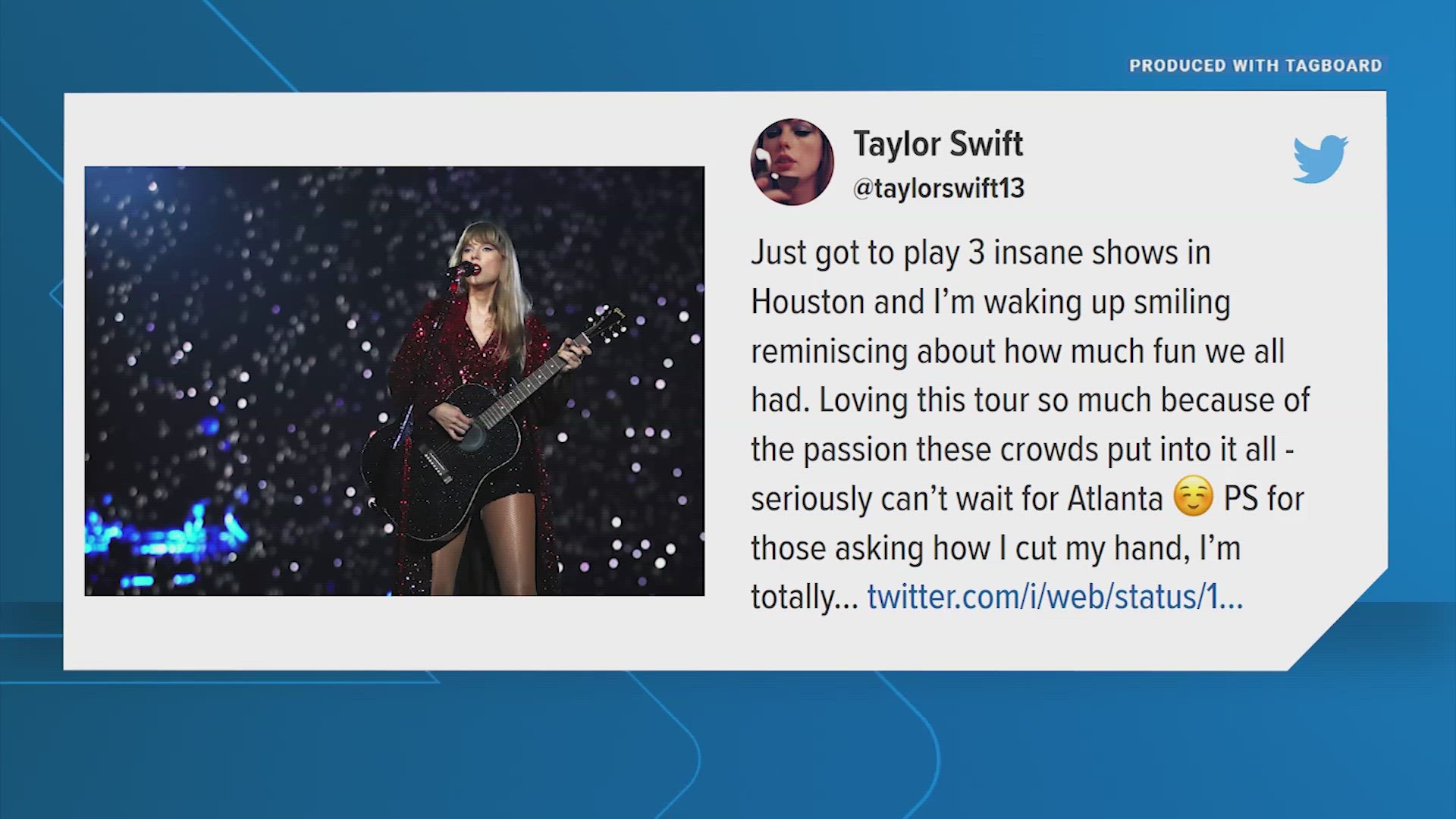 For a moment, Taylor Swift was seen performing in Houston with a large gash in her hand. She said she fell backstage and she is doing just fine.