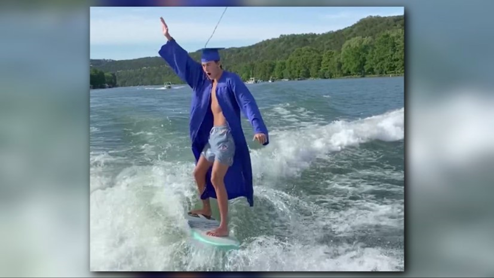 Andrew Mountain celebrated graduation from Austin's Westlake High School by wake surfing in his cap and gown.