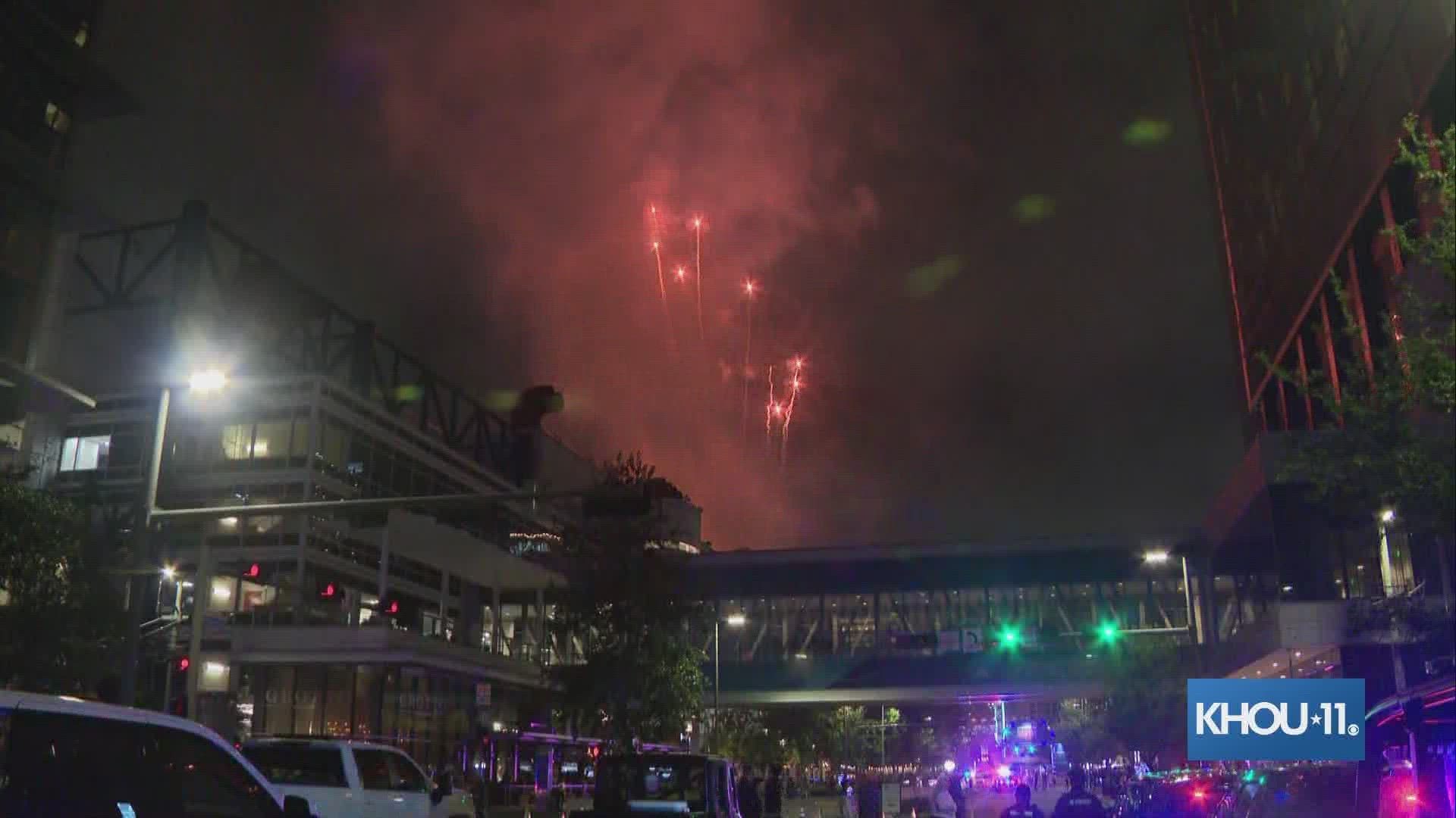 Fans in downtown Houston Sunday night were treated to a Final Four fireworks show
