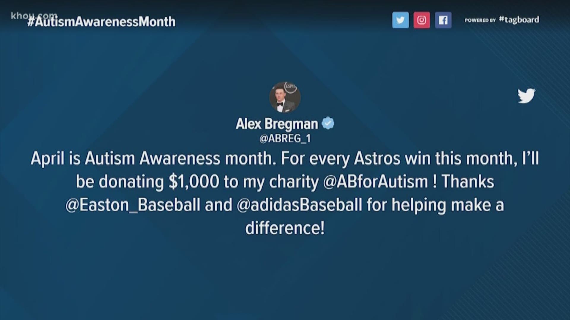 Astros star Alex Bregman announced he would donate $1,000 for every Astros win this month to his charity AB for Autism in honor of Autism Awareness Month.