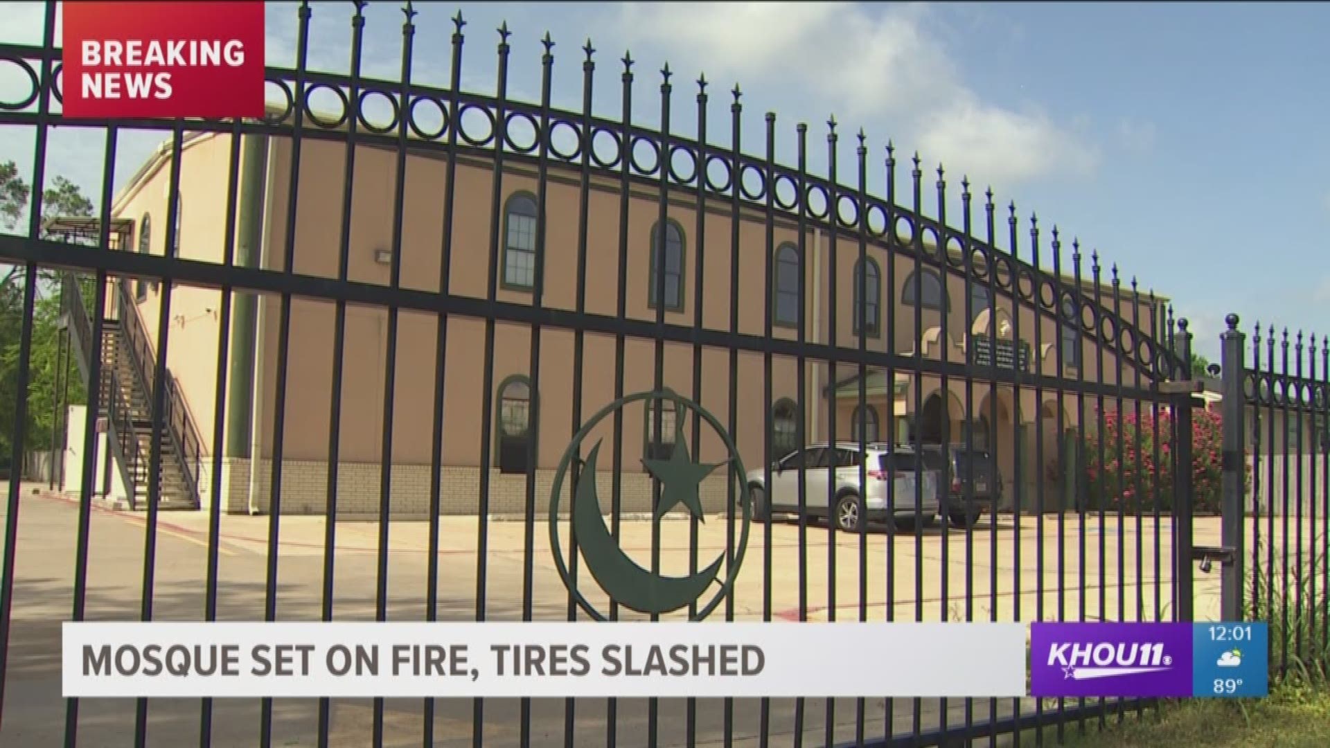 A mosque was set on fire overnight in east Harris County and a leader at the mosque had his tires slashed. 