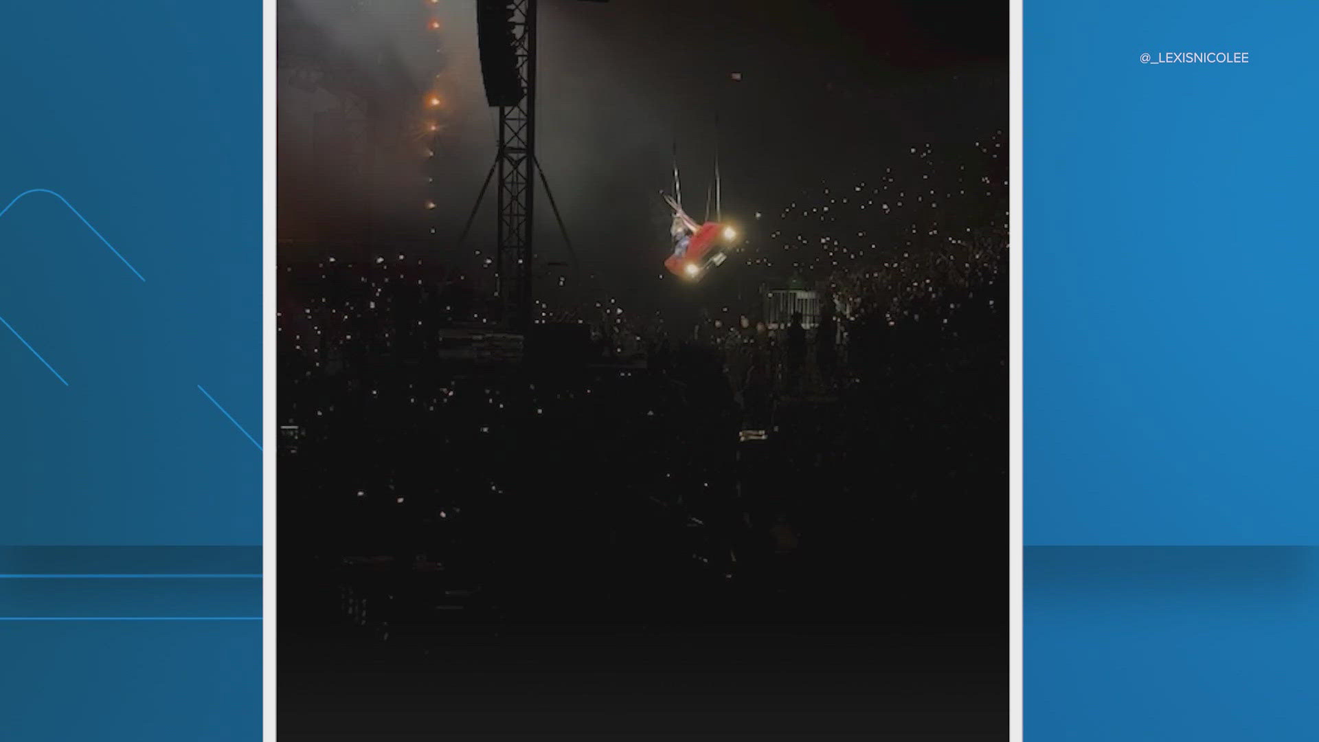 Online video shows the hometown superstar suspended in a red car while performing "16 Carriages." As she was high up in the air, the car apparently became stuck.