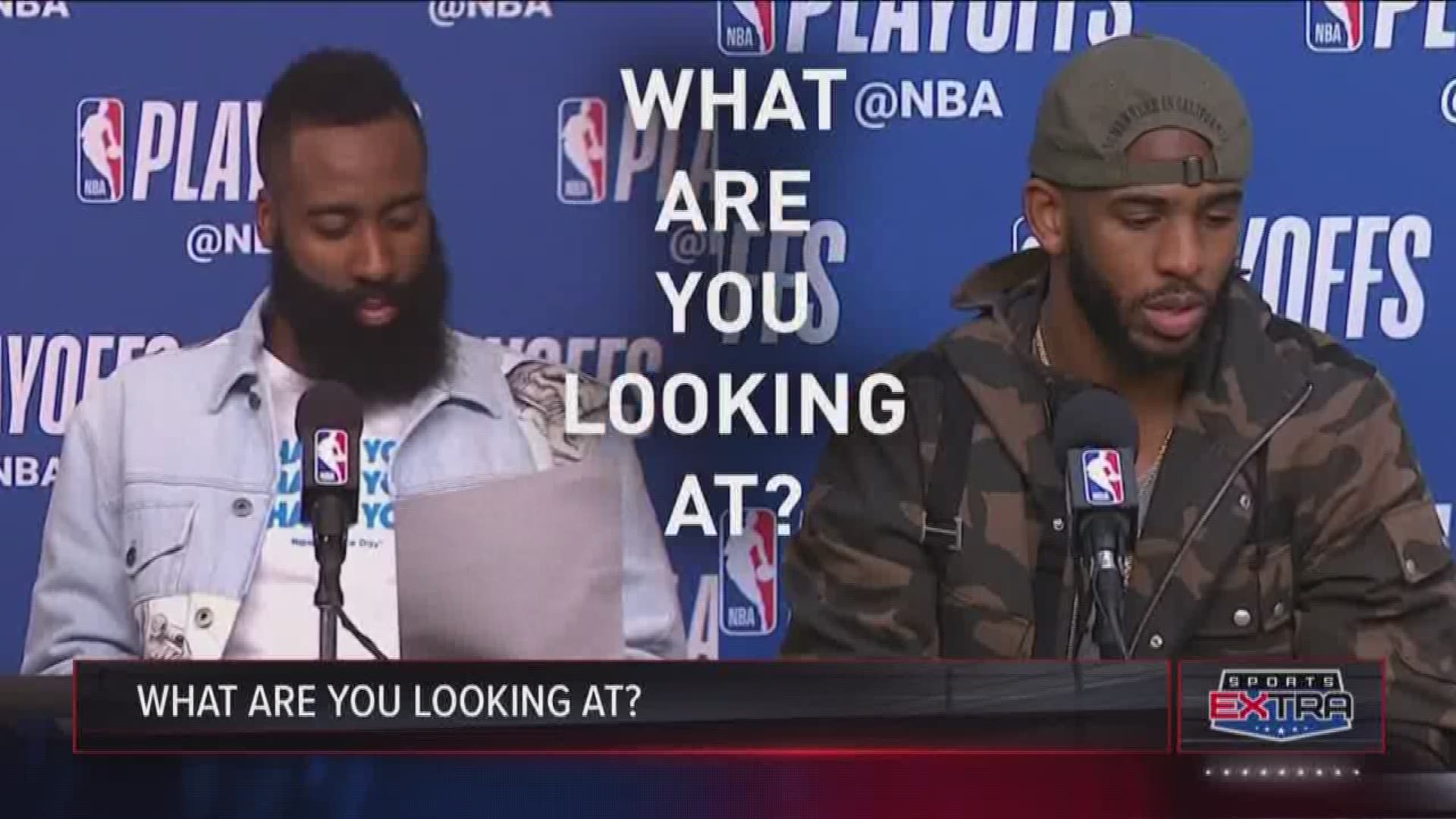 James Harden and Chris Paul both look long and hard at the stat sheet during postgame news conferences. We asked both James and Chris, "What are you looking at?"