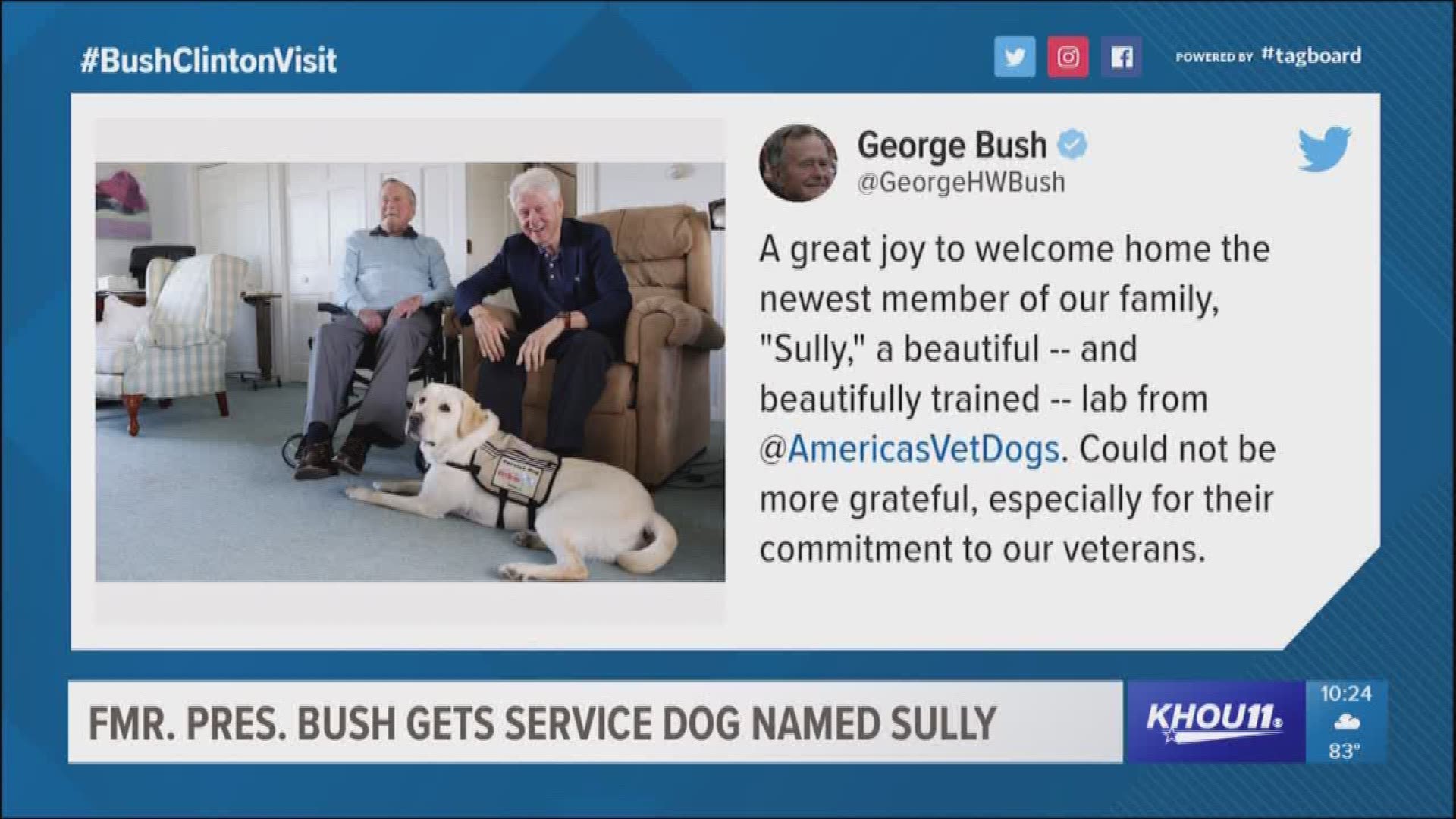 President George H.W. Bush has a pretty new blonde companion by his side. 41 tweeted a photo of of his new service dog Sully Monday.