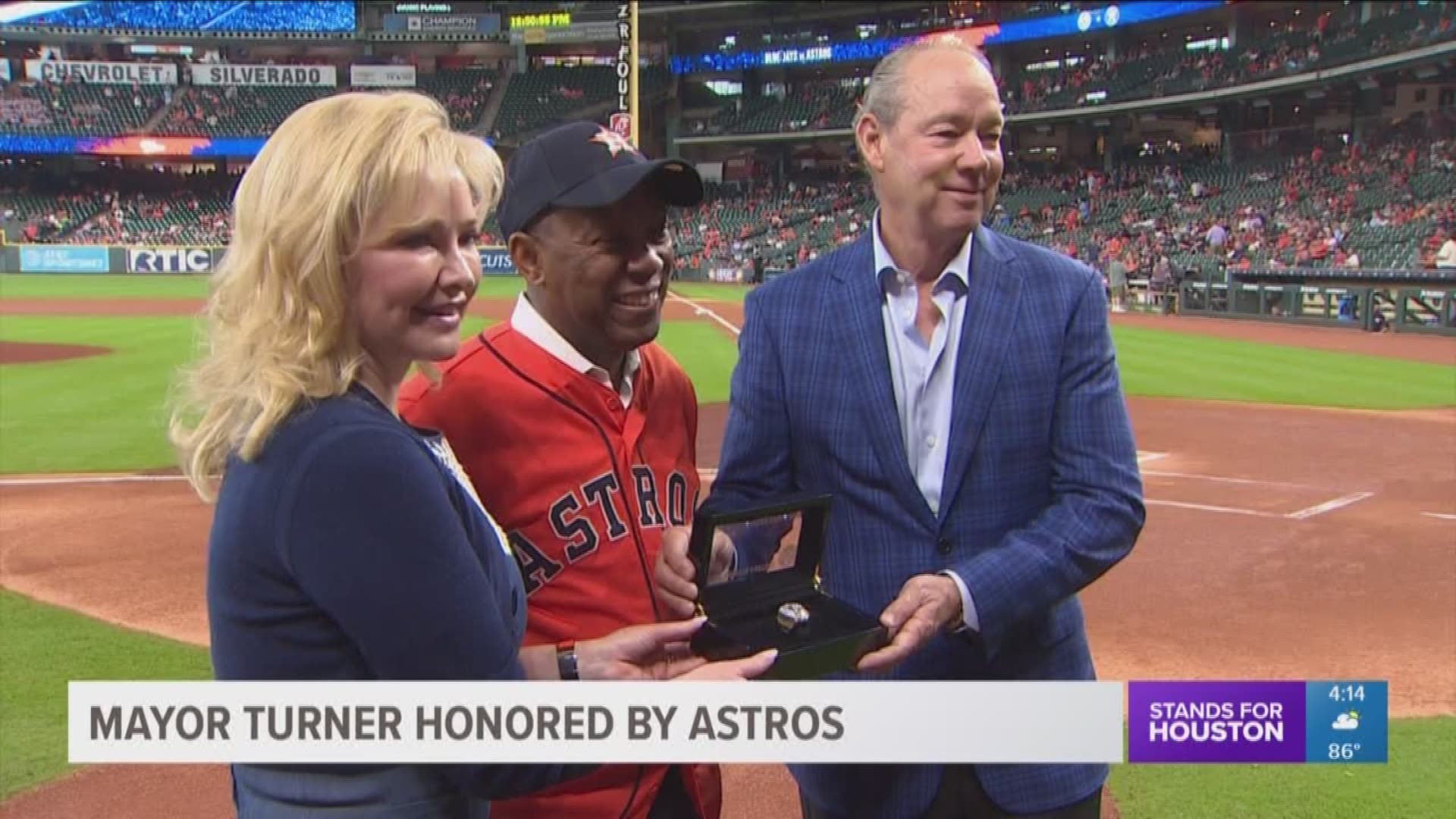Houston mayor Sylvester Turner was honored with his own Astros World Series ring and threw the first pitch before the team's first game against the Toronto Blue Jays.