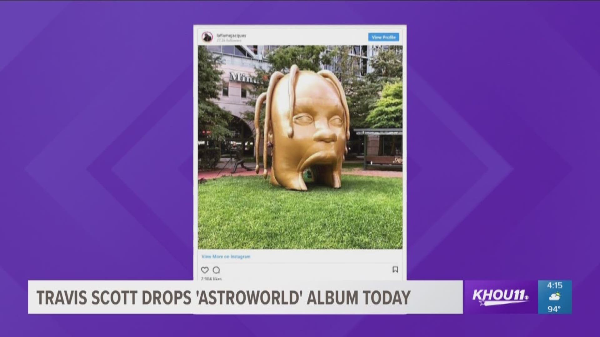 Travis Scott, rapper and Missouri City native, released his new album "Astroworld" Wednesday, and a huge, inflatable Travis Scott replica head was seen outside of Minute Maid Park to commemorate the release.