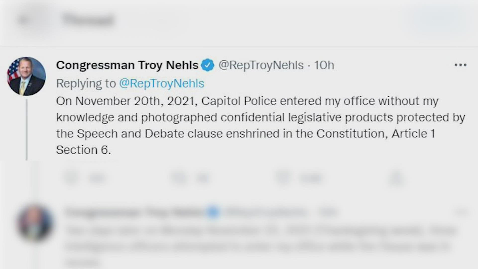 The Texas Republican said a Capitol police officer entered his empty office without permission and "took photos of confidential materials."
