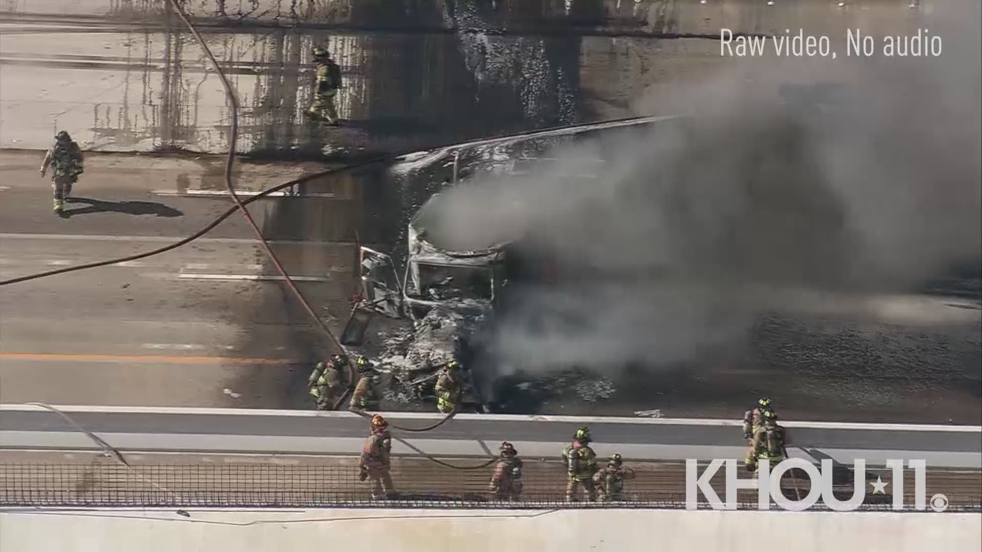 There was a large plume of black smoke rising from Beltway 8-South at 288 on Houston's south side Monday. Authorities say a truck hauling a boat caught fire.