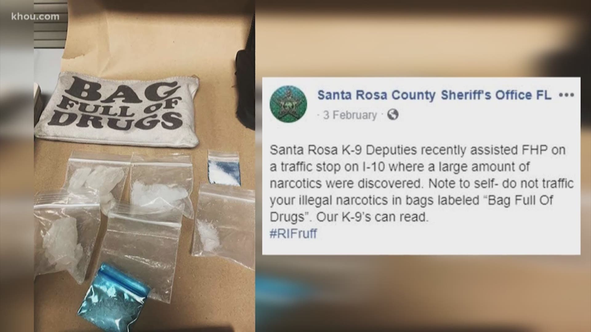 A couple of guys who were pulled over for speeding were arrested after K9 officers alerted deputies to drugs inside bags labeled "bag full of drugs."