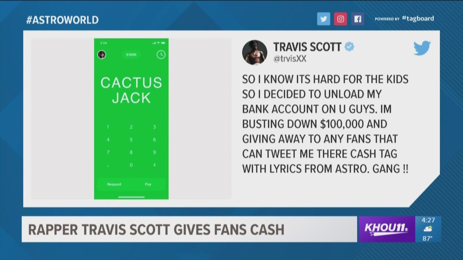 Houston rapper Travis Scott is in the giving spirit - Tuesday afternoon he announced on his Twitter that he is breaking down $100,000 and giving money to fans that tweet him their cash app tag with lyrics from his latest album ?Astroworld.?