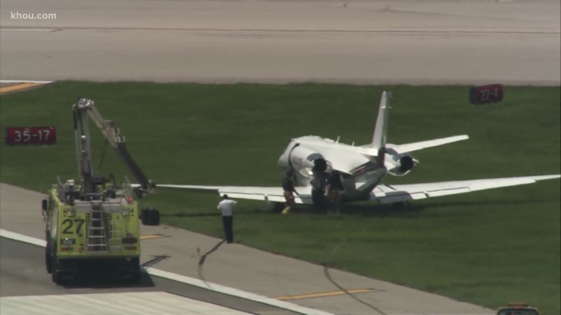 A small plane veered off the runway at Hobby Airport after it lost its brakes. One person suffered minor injuries.