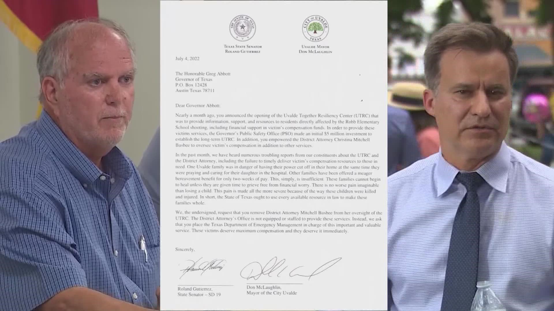 A letter asking for the removal of the head of the Uvalde Together Resiliency Center was sent to Gov. Abbott by the Uvalde mayor and Sen. Roland Gutierrez.