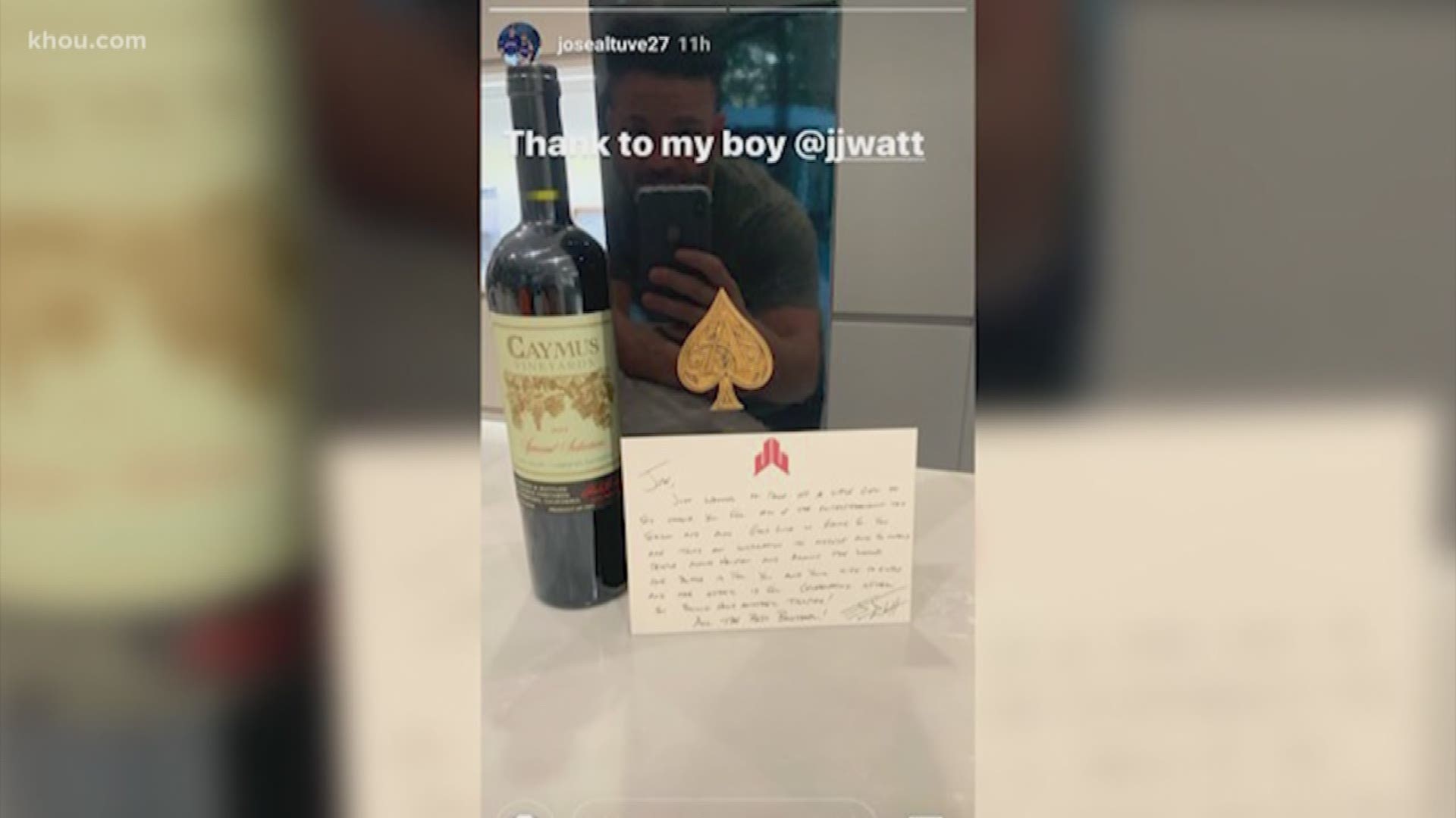 Texans star J.J. Watt sent a small gift with a special message to Astros star Jose Altuve as he prepares for Game 6 of the World Series.