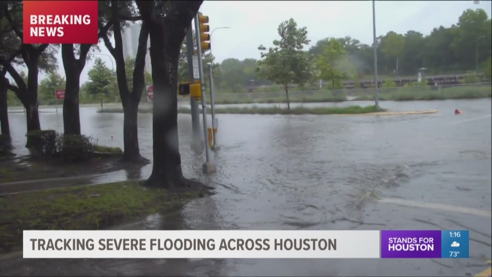 Allen Parkway right by the space where Freedom Over Texas was supposed to take place,is seen completely submerged