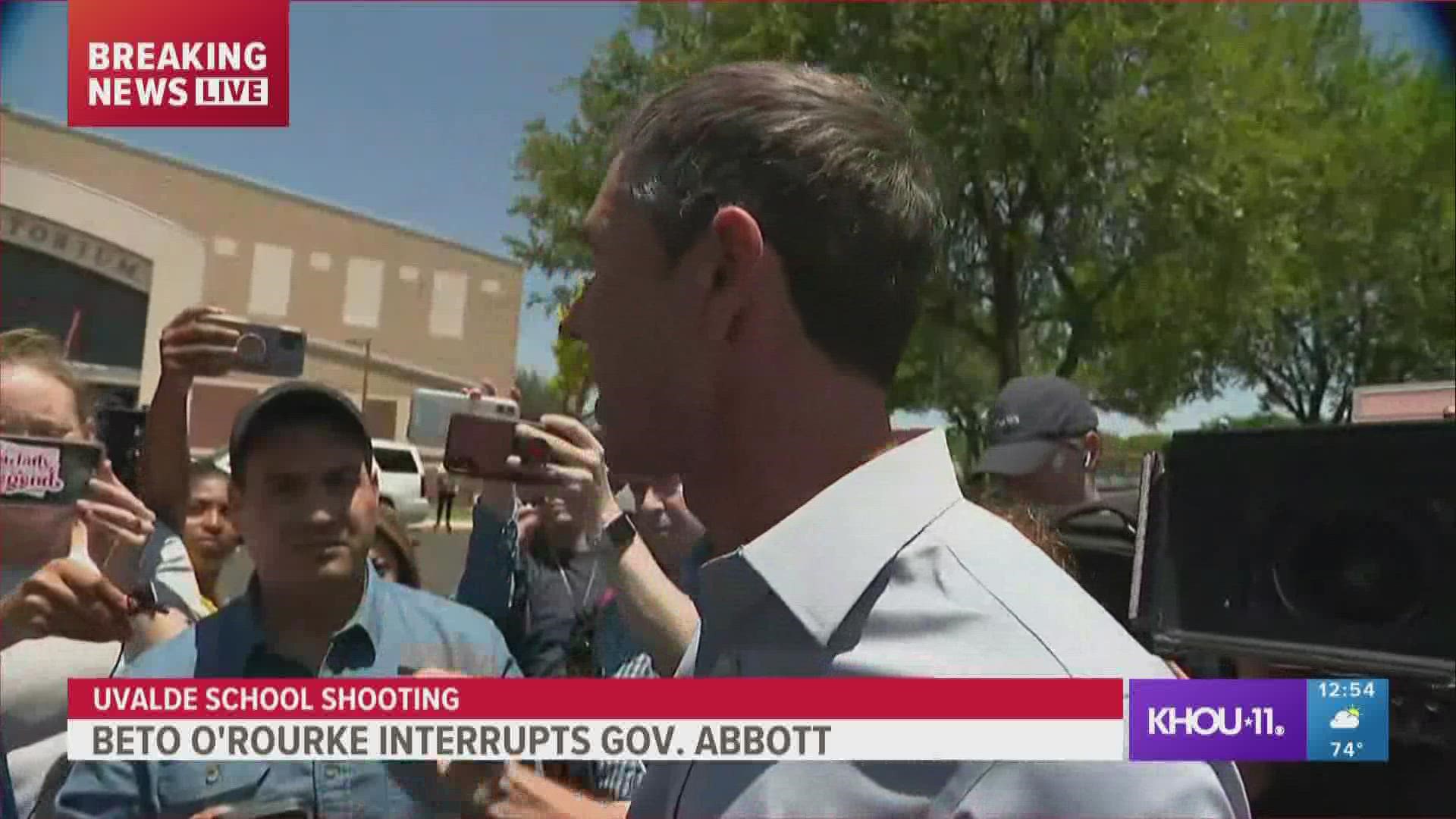 Beto O'Rourke spoke after interrupting Gov. Greg Abbott's news conference in Uvalde.
