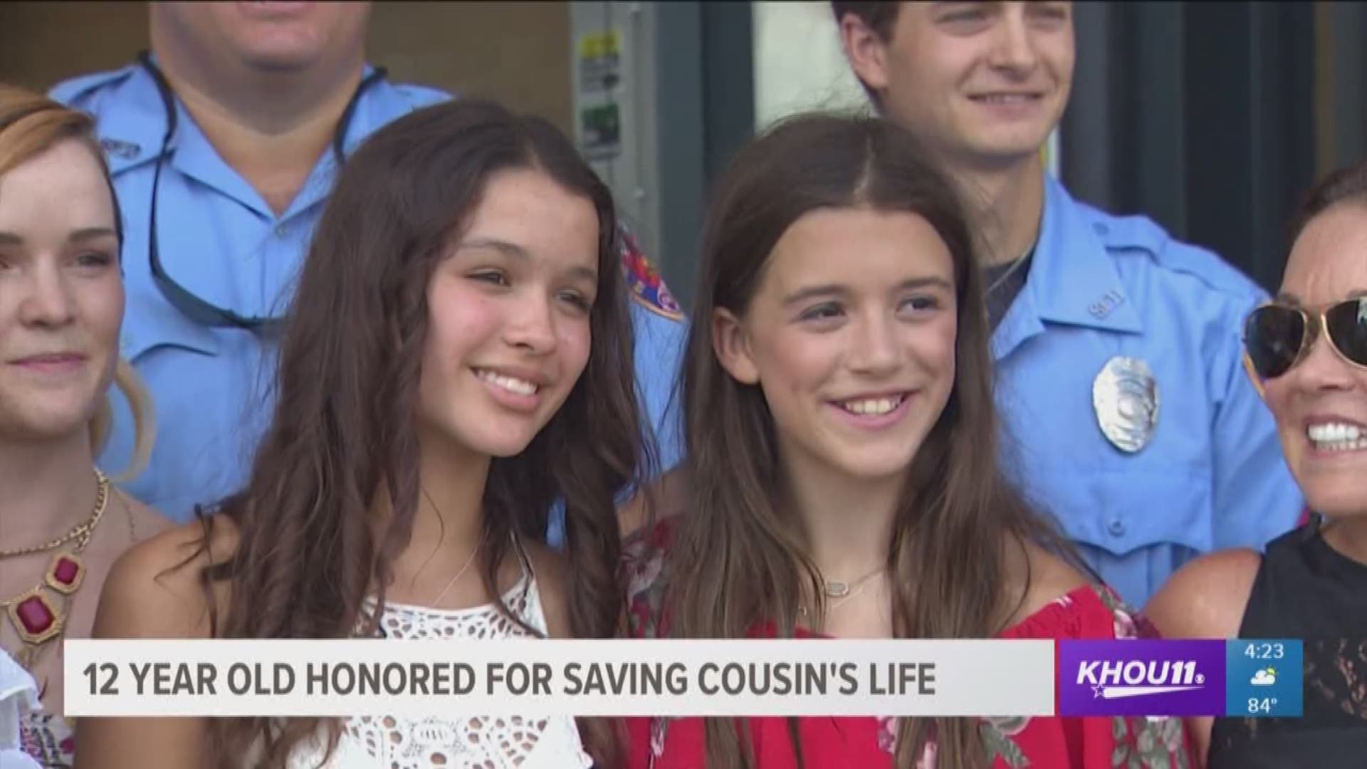 A young girl saved the life of her cousin when she saw her unresponsive at the bottom of a pool and managed to pull her out and call for help. 