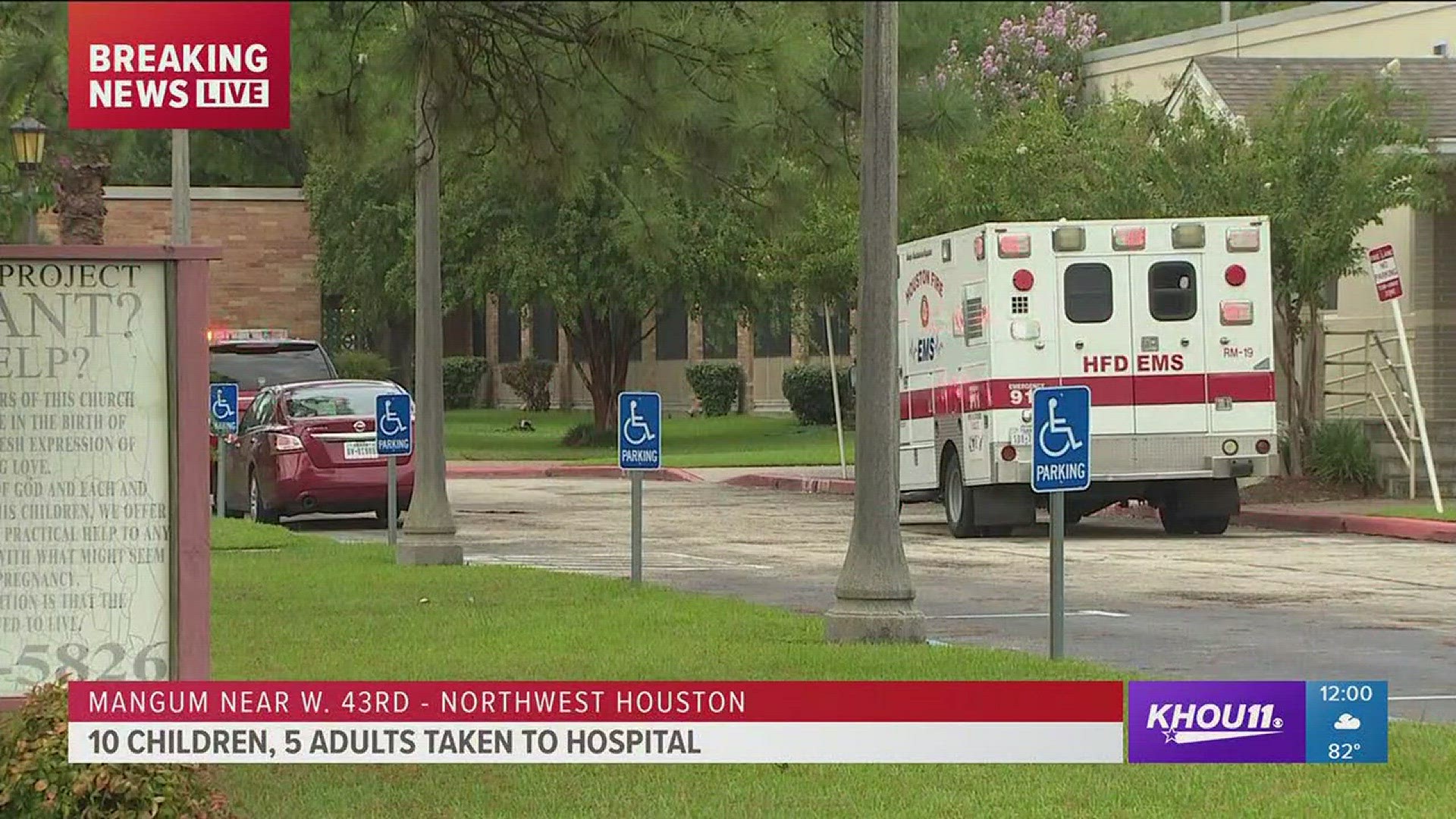 Eleven children and five adults were transported to local hospitals after reports of a gas leak near KIPP Nexus School and St. Ambrose Catholic School in northwest Houston.