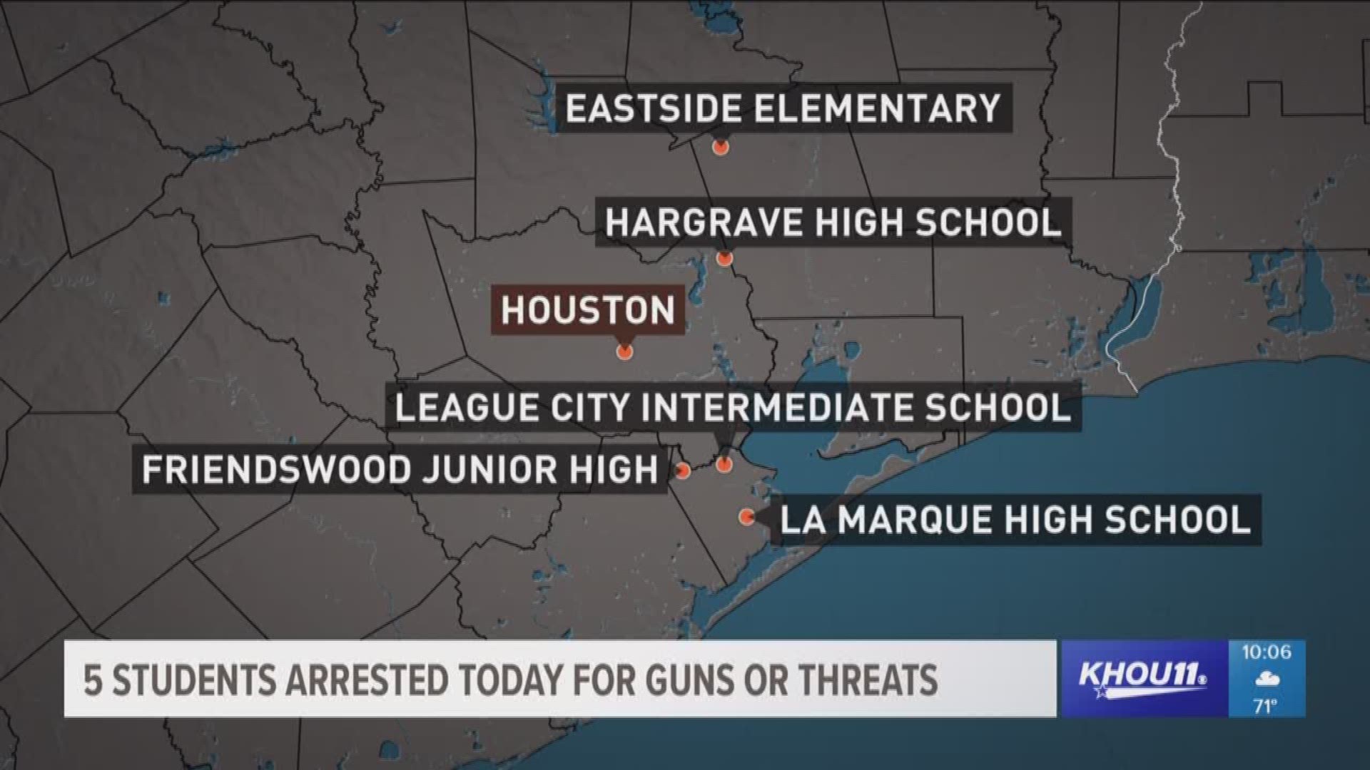 Three days after 10 people were shot and killed and 13 others injured at Santa Fe High School, five students were arrested on Monday in the Houston area for bringing weapons to school or making threats.
