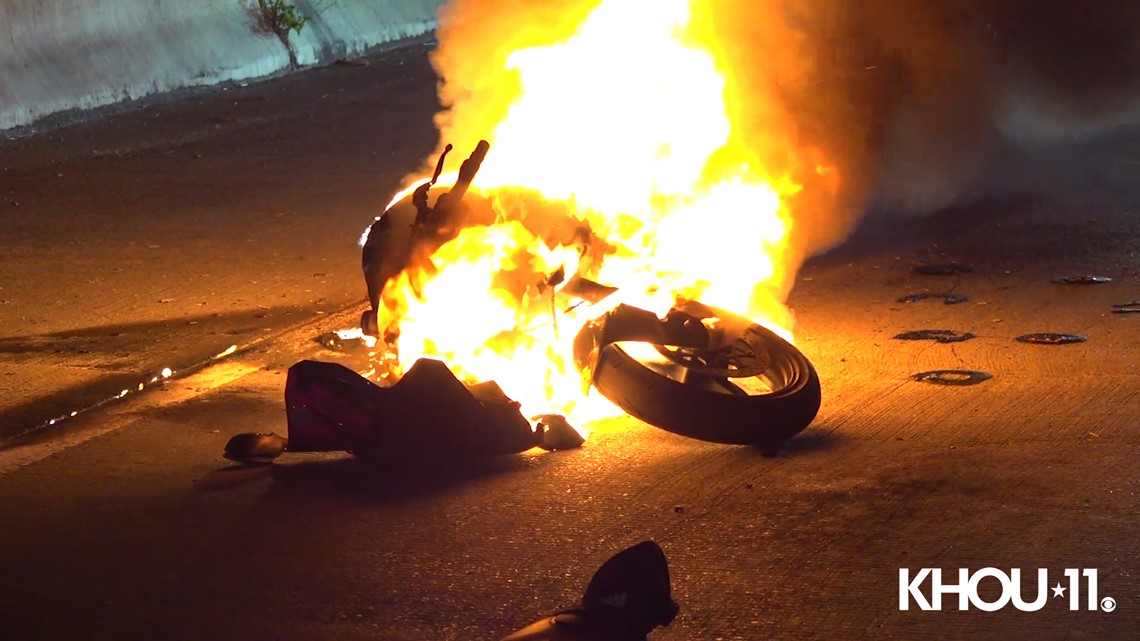 Watch Motorcycle Bursts Into Flames After Crash On East Freeway Near