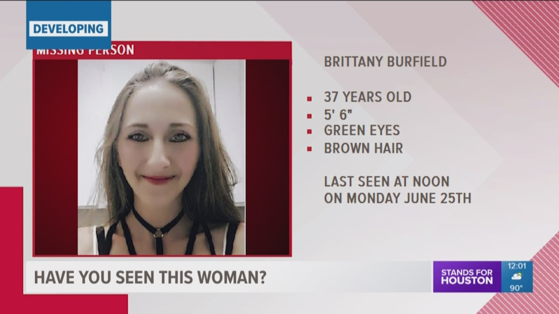 Brittany Burfield's car was found near Richmond and the West Sam Houston Toll Road, and her family believe she may be in danger.