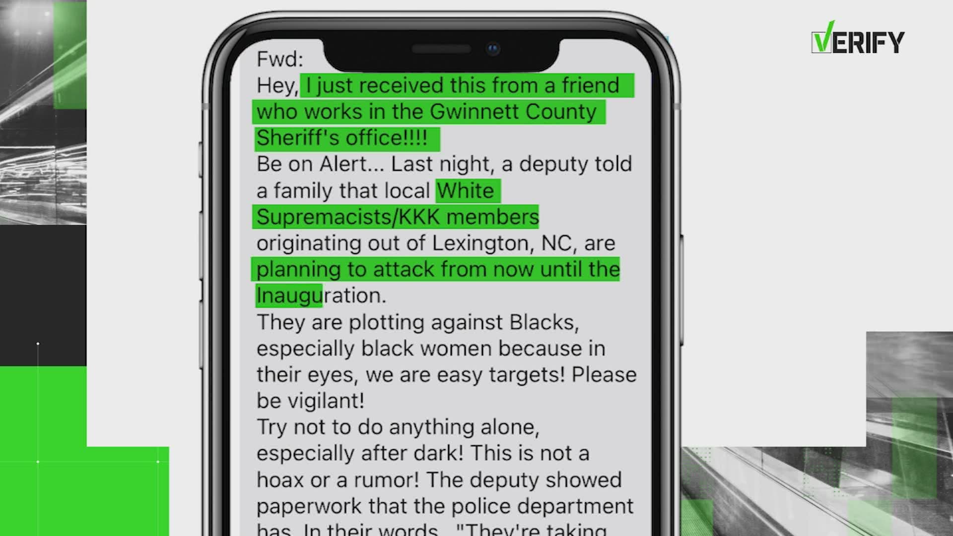 The first text reads, in part, "Be on alert...local white supremacists are planning to attack from now until the inauguration."