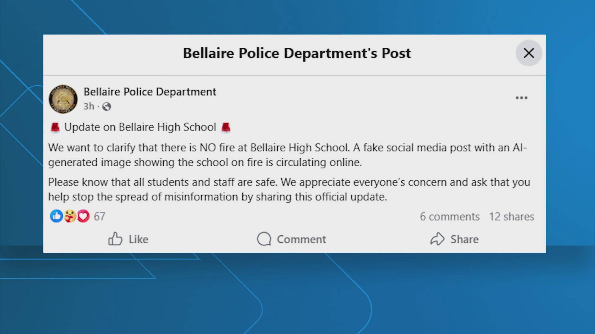 Police blame fake AI photo for rumors of fire at Bellaire High School ...