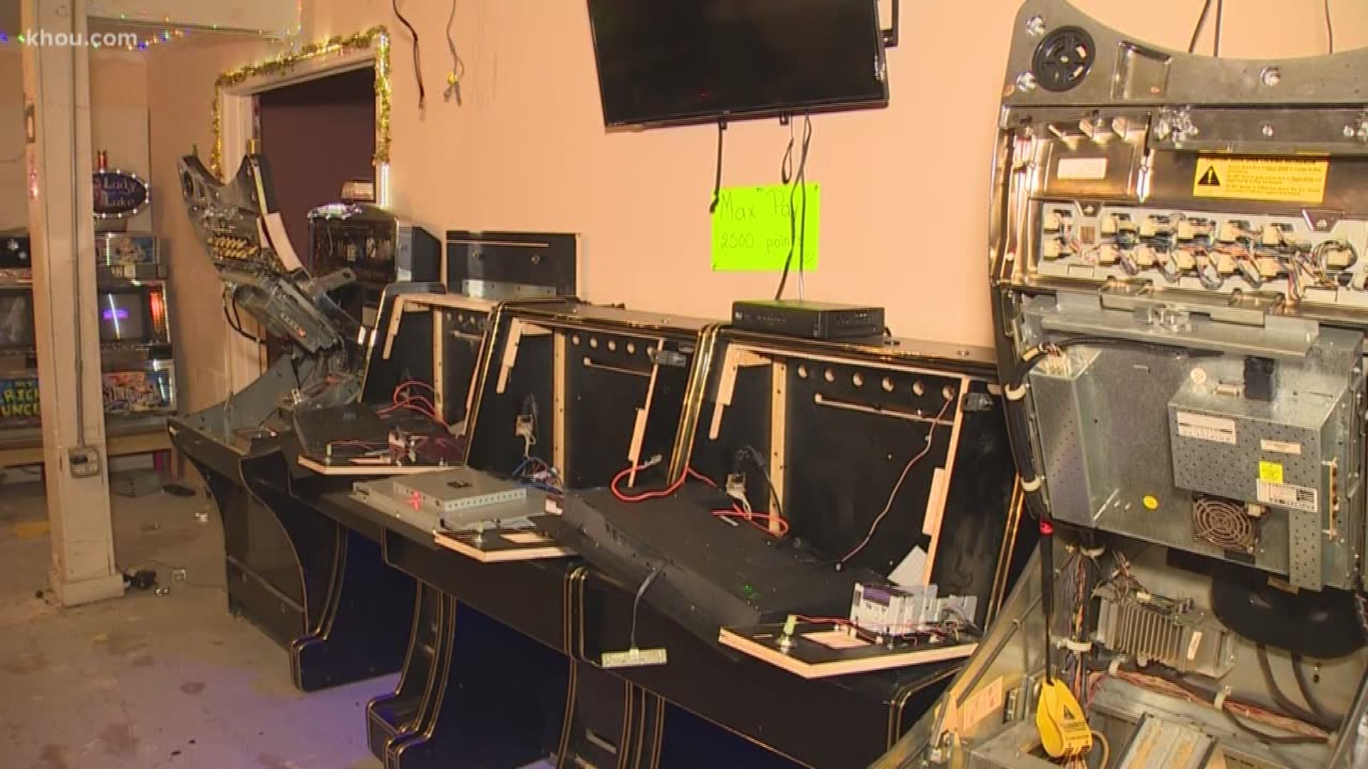 Baytown Police and the Harris County Precinct 3 Constable's Office raided an illegal game room in Highlands Friday afternoon with nearly 100 machines inside.