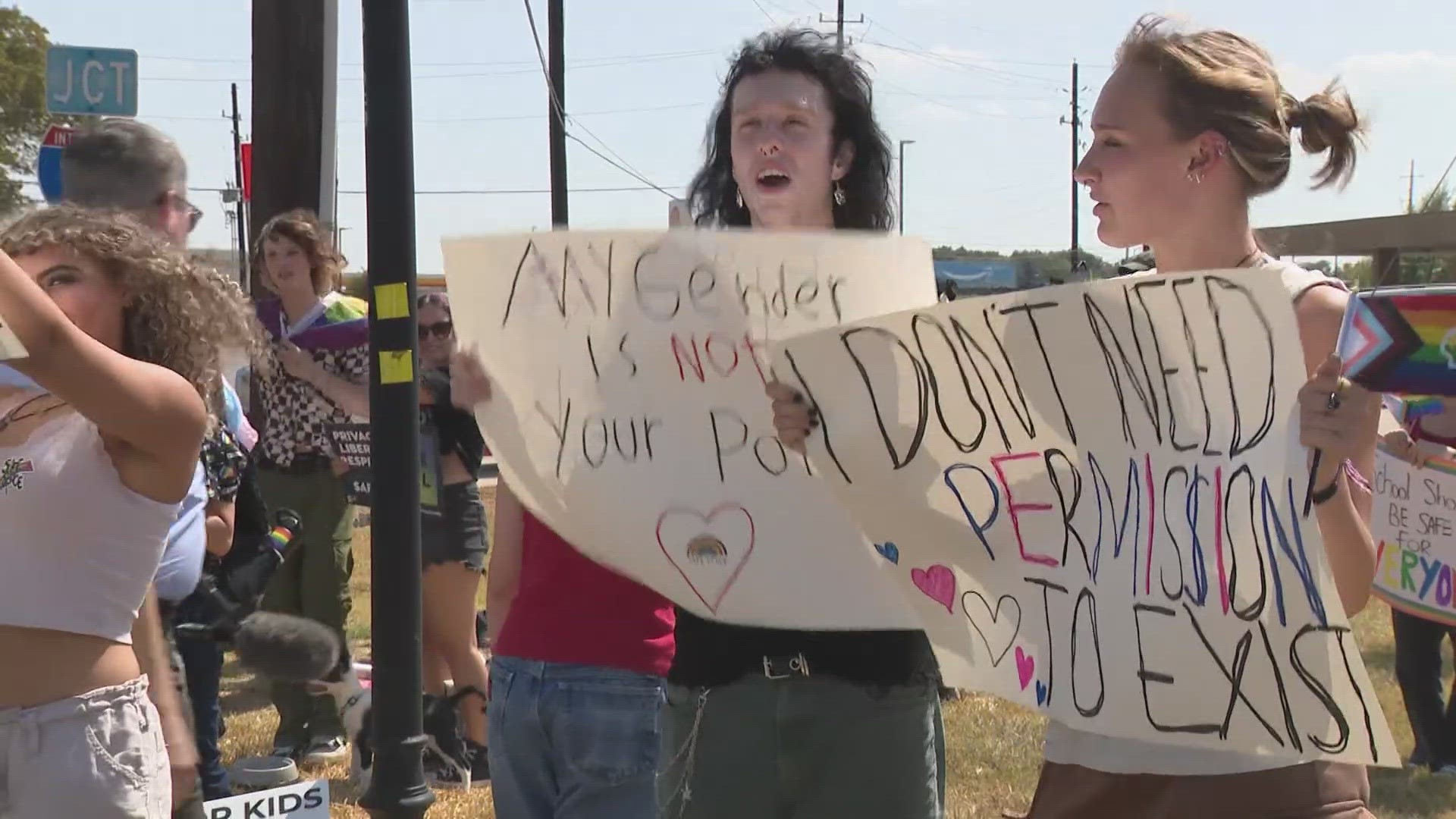 Students, along with parents, gathered outside Katy ISD's central office Wednesday to protest the district's new policy on gender fluidity.