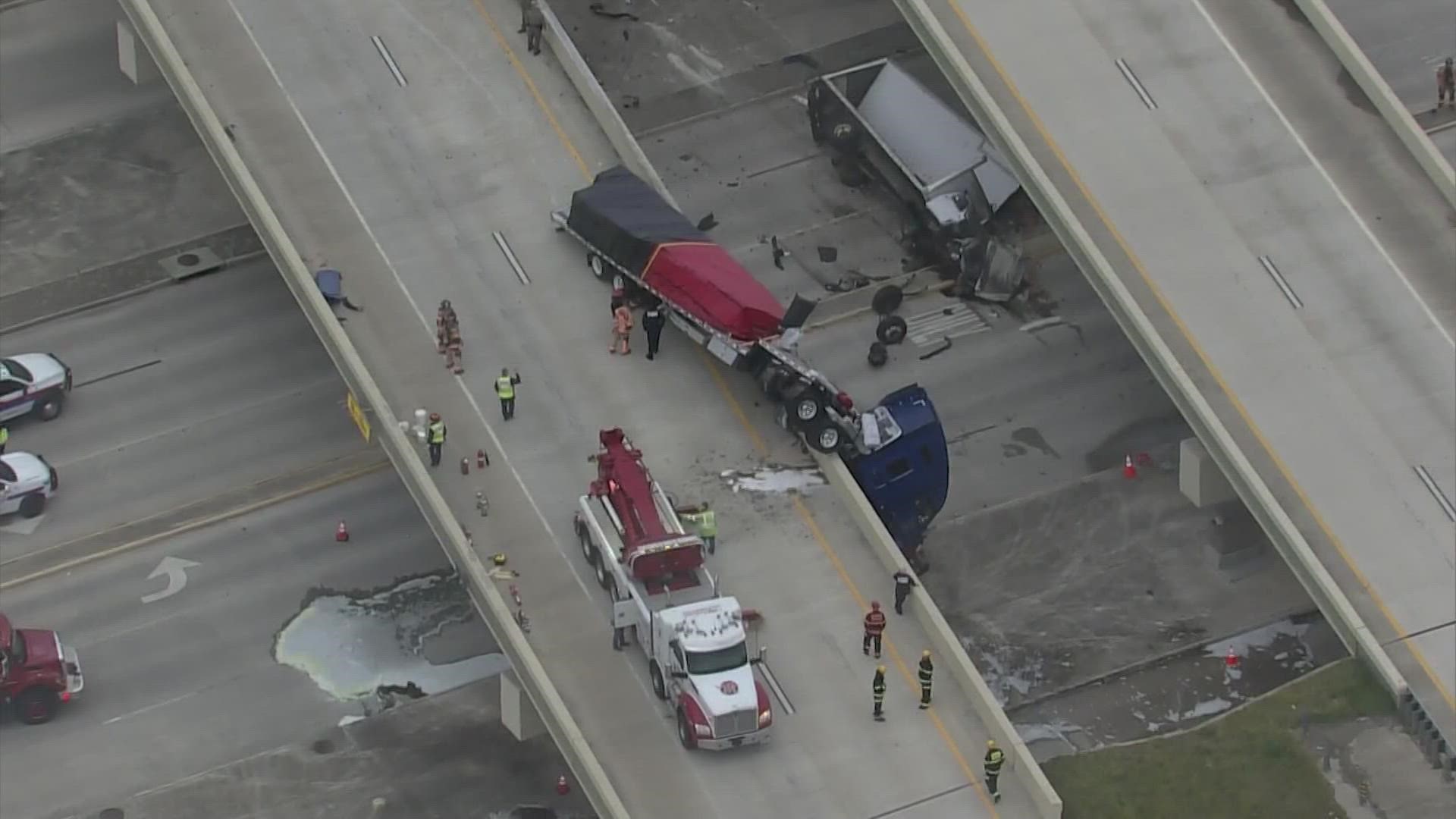The driver of the box truck is in critical condition, meanwhile, the big rig driver only sustained minor injuries.