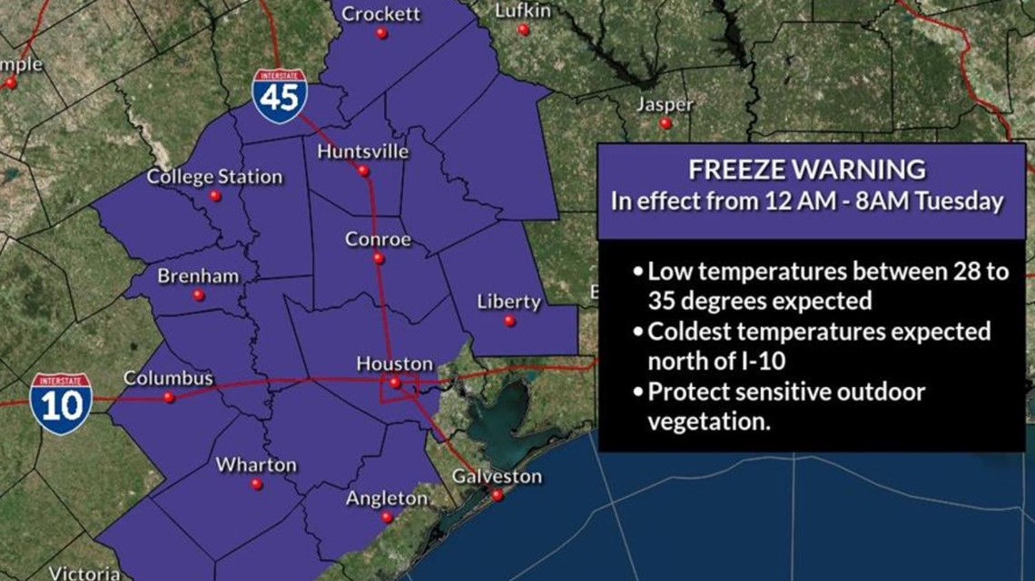 Houston weather Freeze warning to be in effect