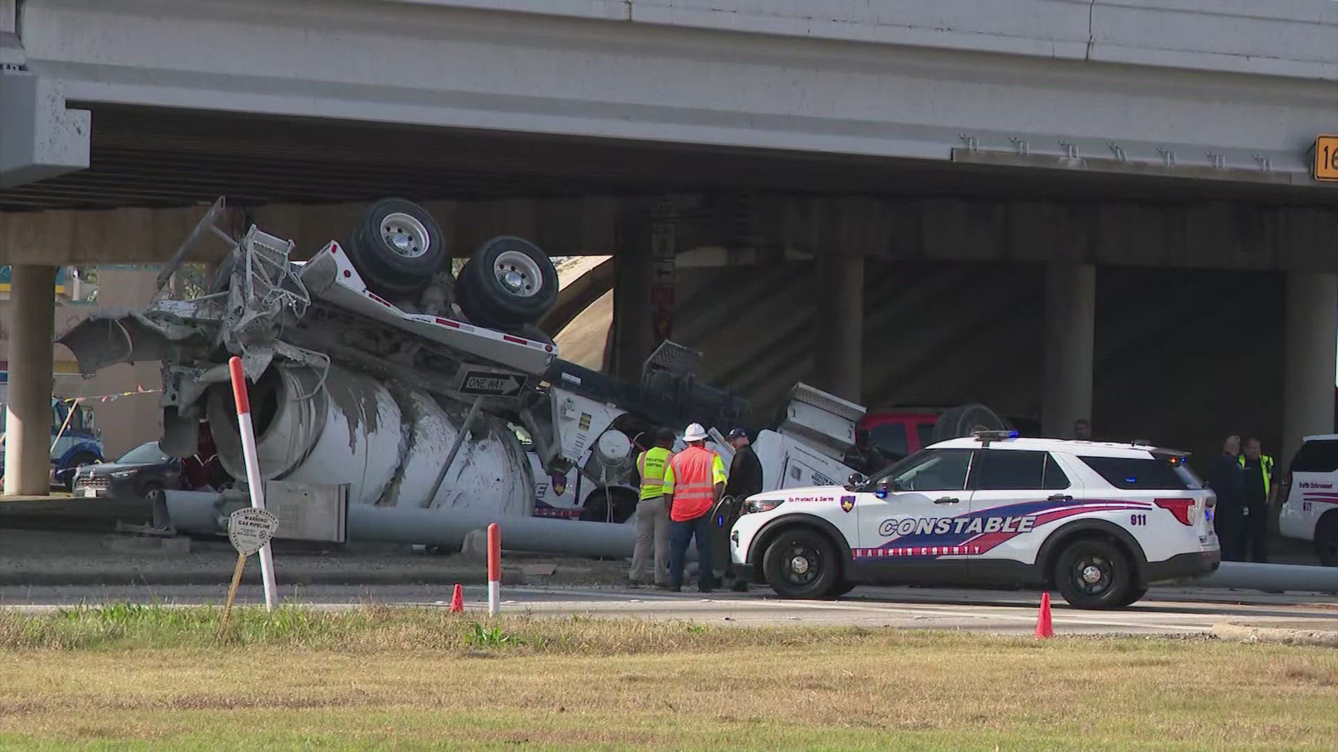 Constable Mark Herman said the cement truck went off the side of the Beltway onto the feeder road below. One person was pronounced dead at the scene.