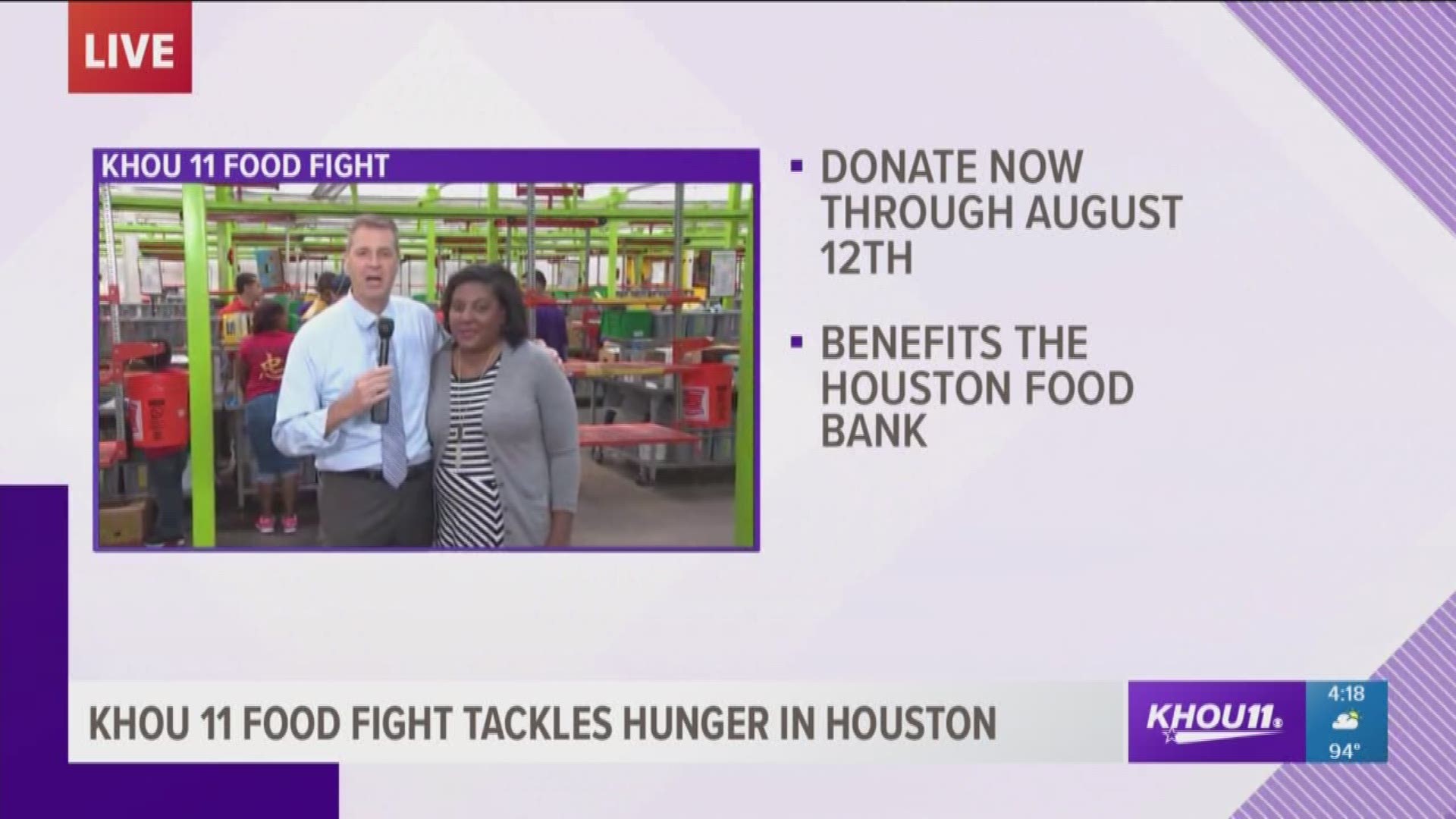 KHOU 11 Chief Meteorologist David Paul is live from the Houston Food Bank headquarters where volunteers are gathering donated food items to give away to those in need. 