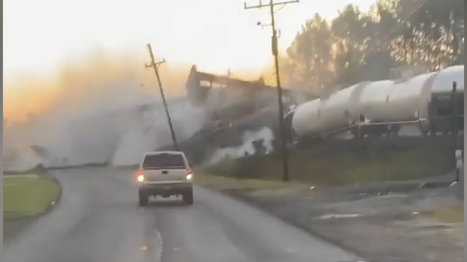 Witness video shows a train derailing, causing nearby evacuations, the morning of Oct. 29, 2020 north of Orange, Texas.