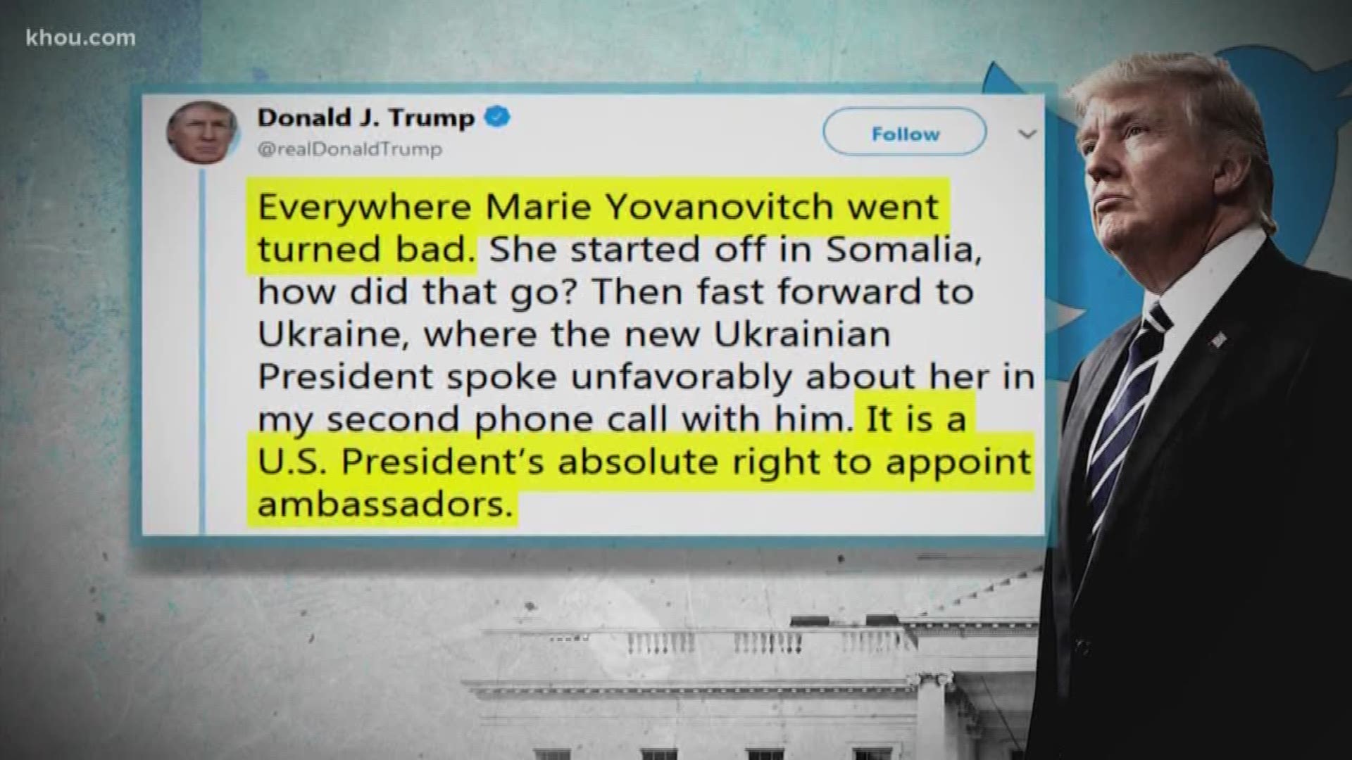 President Donald Trump took to Twitter to hit back against the former ambassador to Ukraine.
He did so while Marie Yovanovitch was testifying before impeachment inve