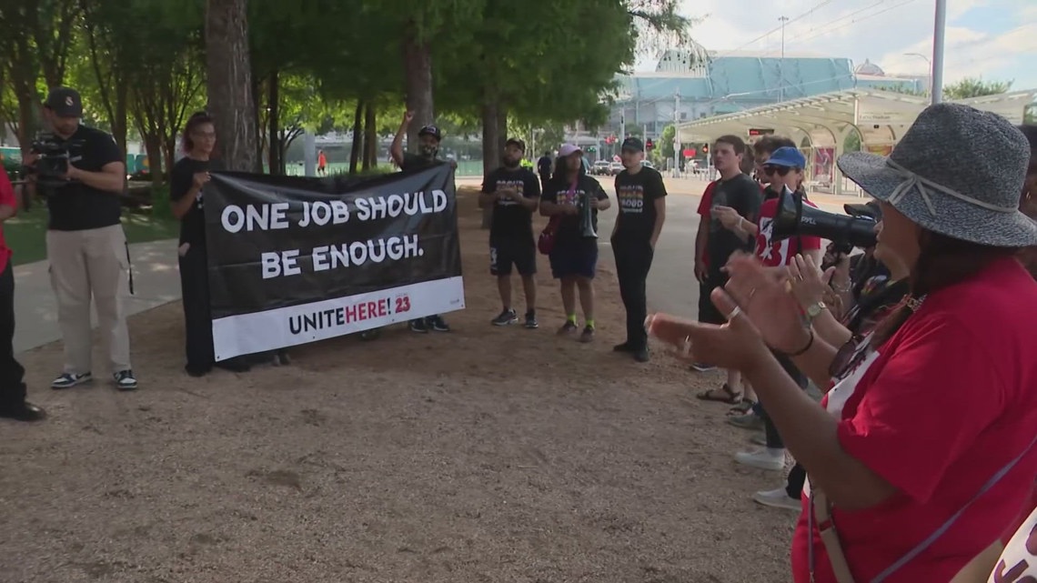 Stadium and hospitality workers in Houston rally for higher wages and respect ahead of the World Cup, arguing rising...
