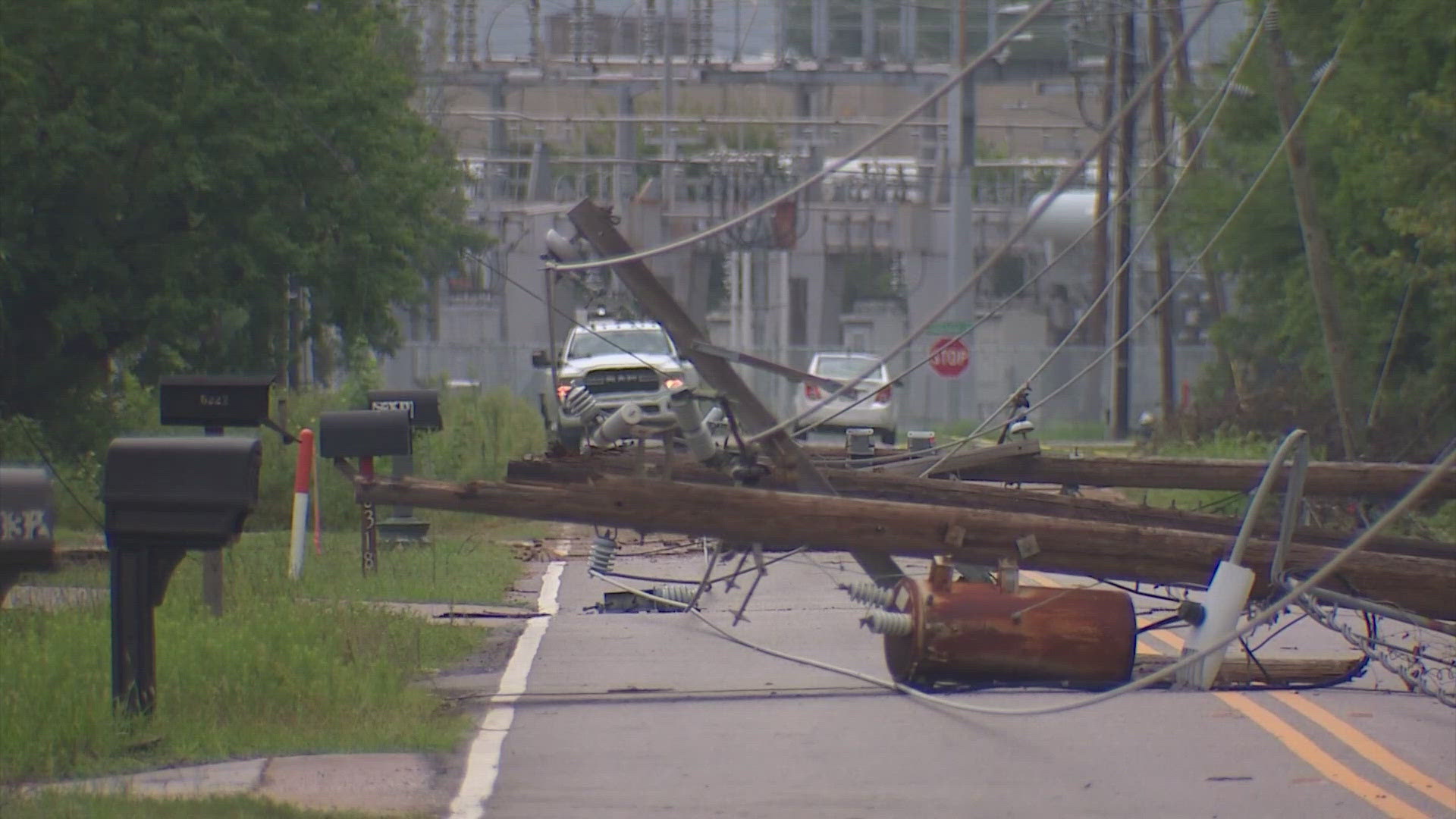 Along a stretch of Deihl Road in northwest Houston, multiple downed power lines are blocking the street.