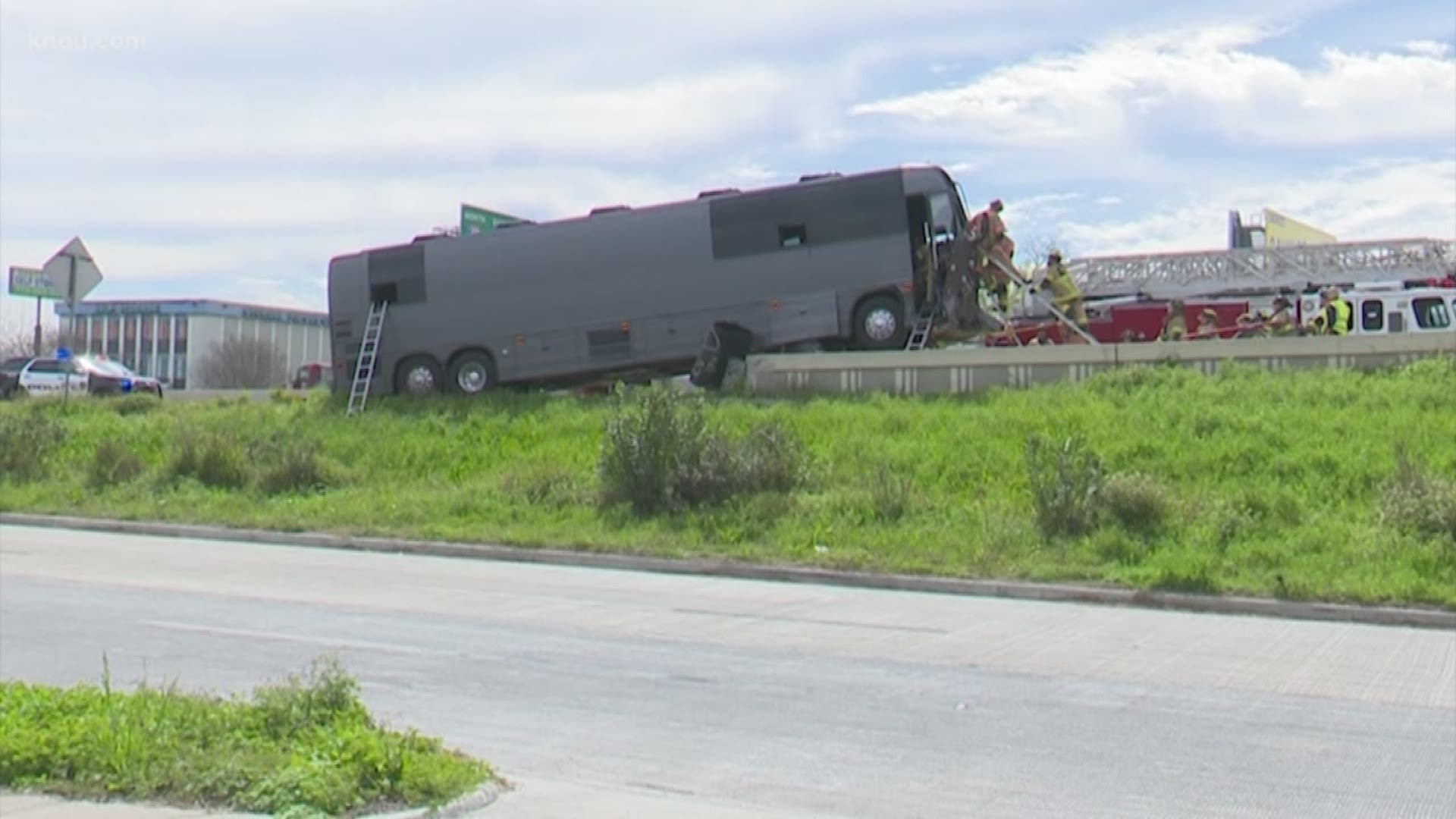 Eleven people on board a charter bus were injured Saturday morning after the bus crashed into a barrier on the North Loop near I-45.