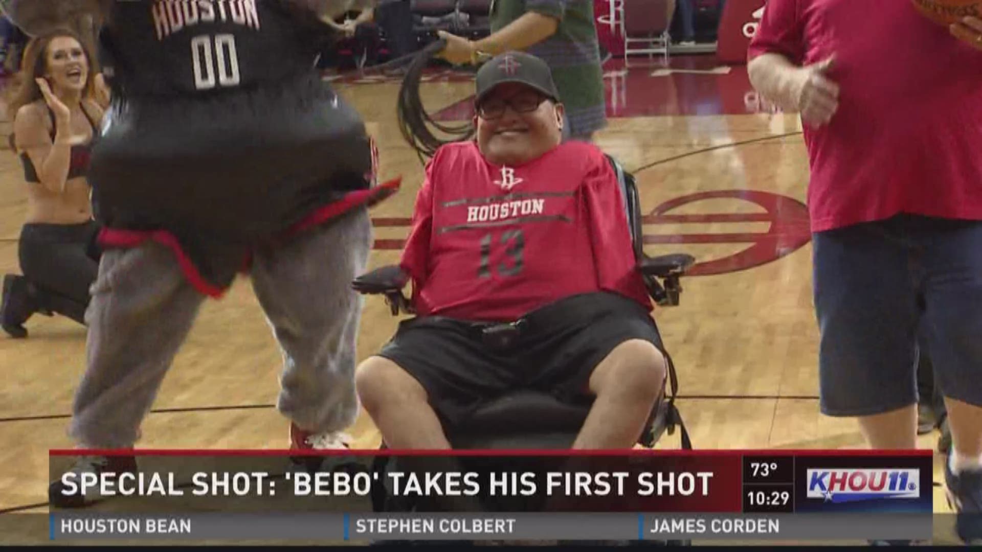 A very special first shot for charity at the Rockets game Tuesday night was taken by local Special Olympian "Beebo."